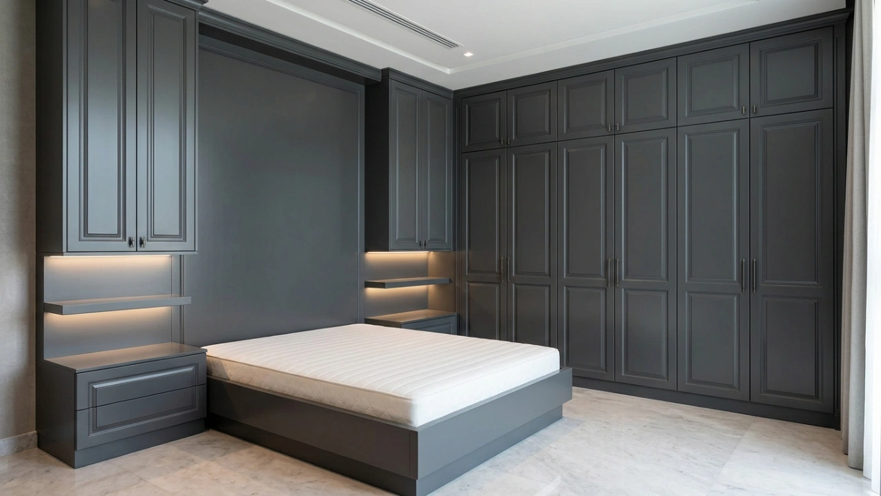 Sophisticated dark gray fitted shaker wardrobes and integrated bedside units in an Abu Dhabi family home