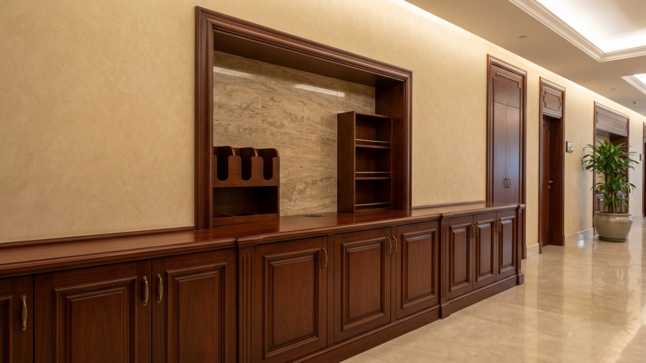 Traditional mahogany wood office credenza and service station.