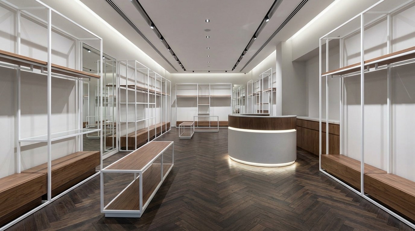 Dark stained herringbone engineered oak flooring in a luxury Abu Dhabi boutique with custom displays.