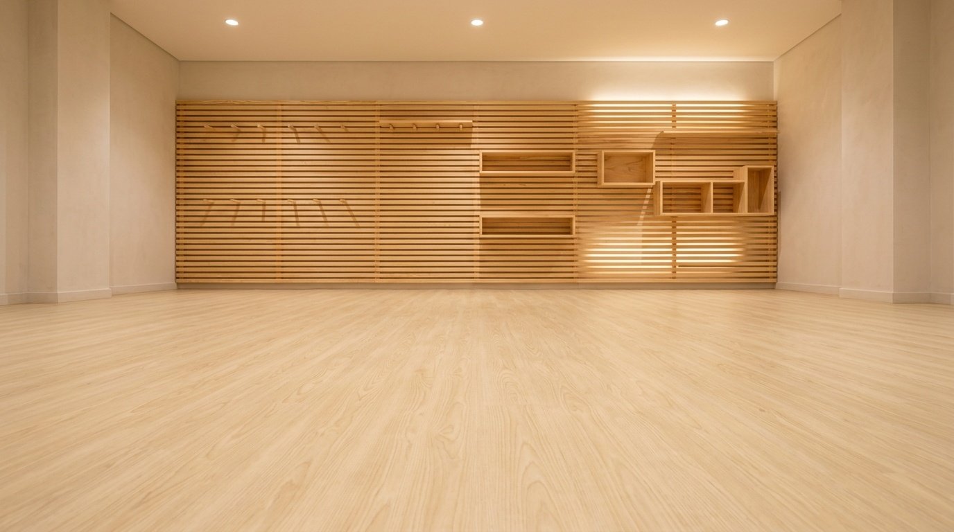 Pale bamboo vinyl flooring in a yoga studio with pine slat walls.