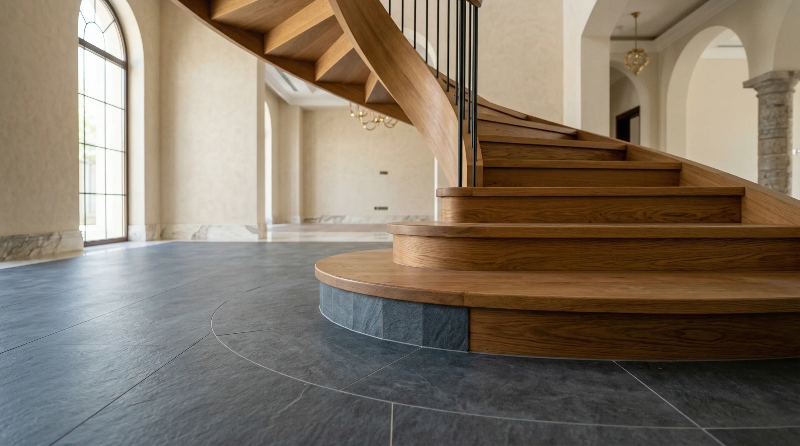Custom-cut slate-grey SPC flooring following a curved oak staircase.