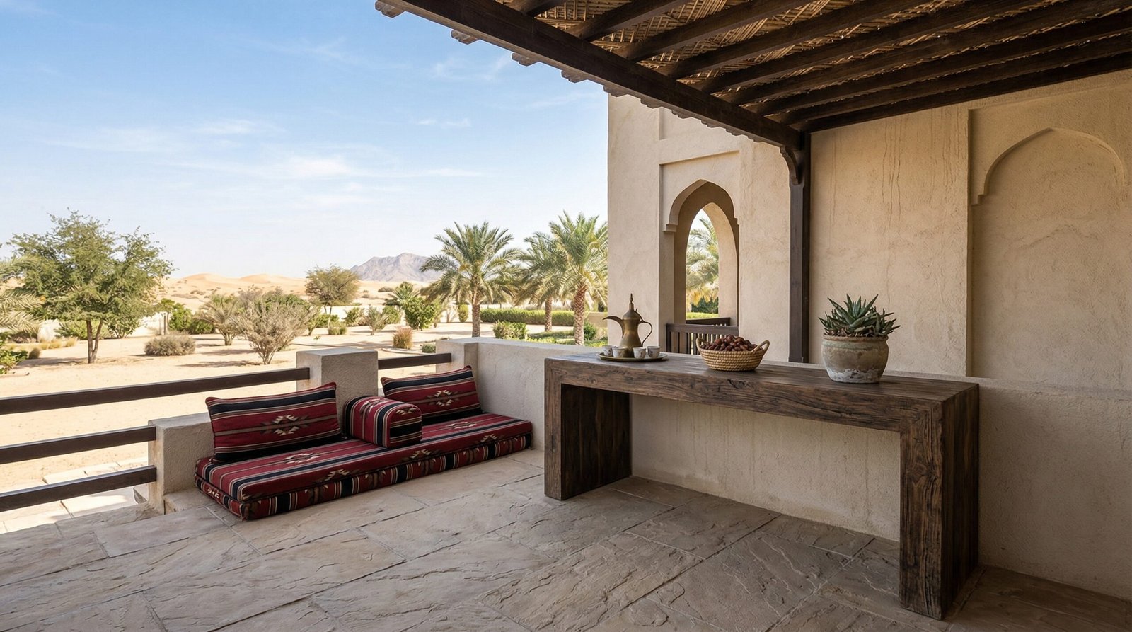 Durable acacia wood console table on a shaded terrace in Al Ain, UAE.