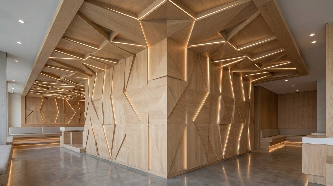 Integrated geometric 3D wood wall paneling and suspended ceiling structure in an Ajman restaurant.