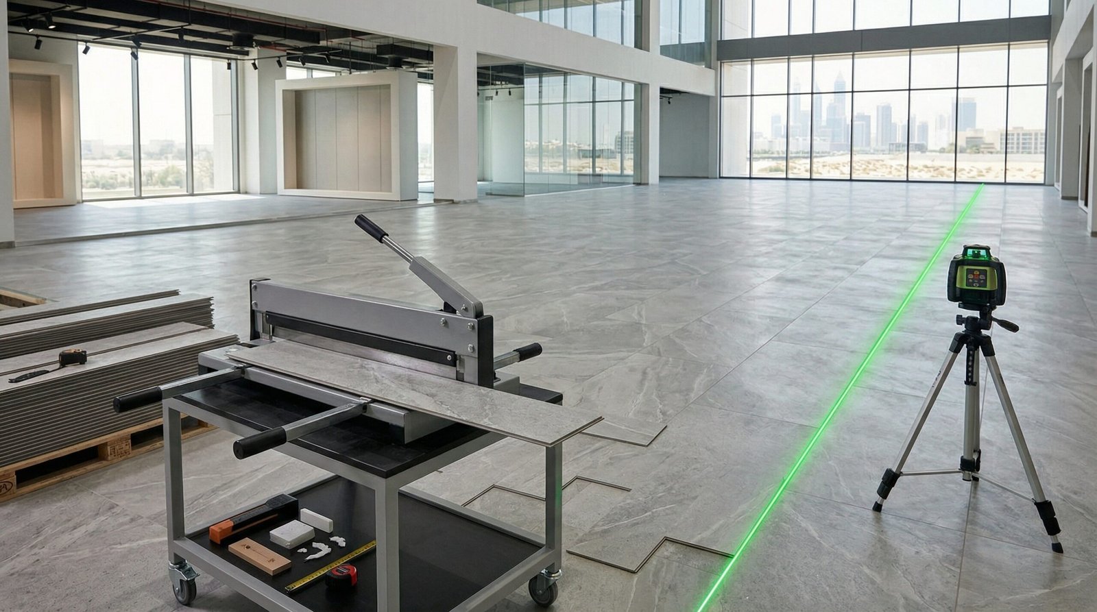 Using laser levels and precision cutters for LVT installation in a Dubai showroom.