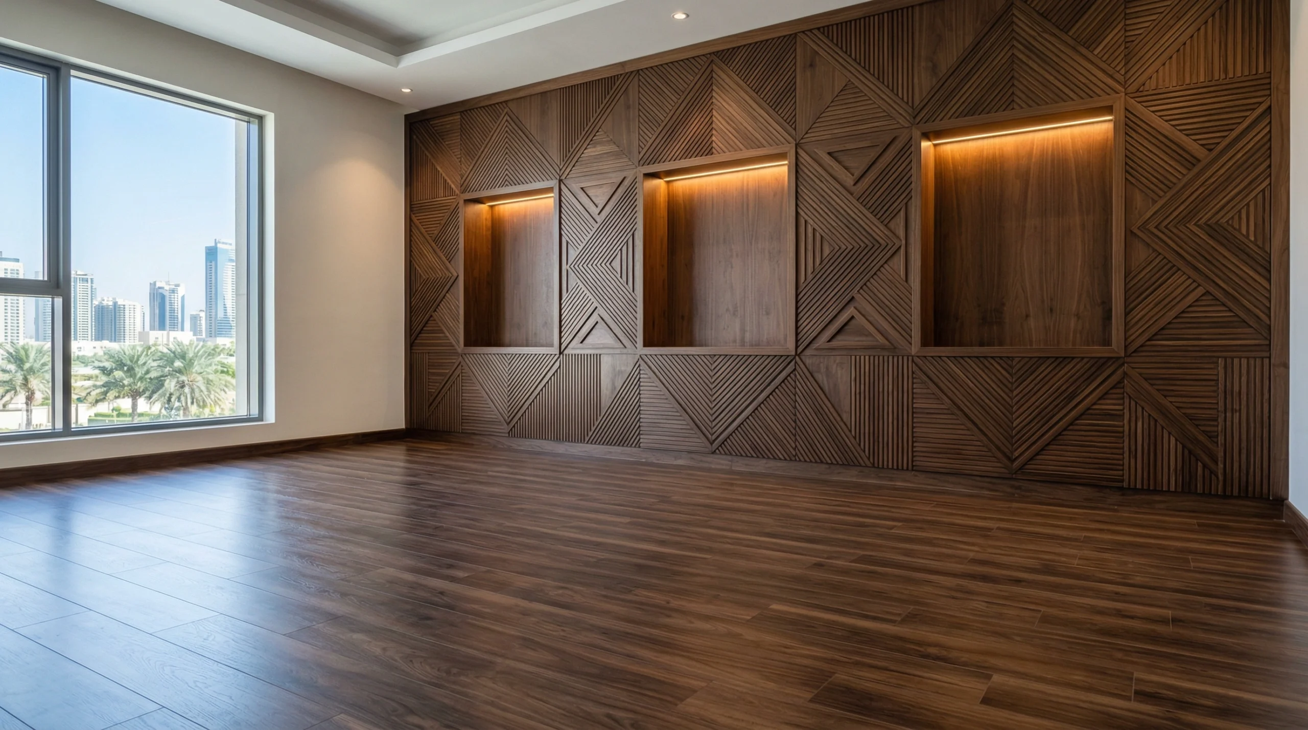 Dark walnut SPC flooring with matching custom wood wall paneling.