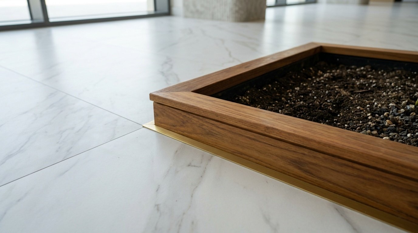 Marble effect LVT flooring integrated with custom teak planter.
