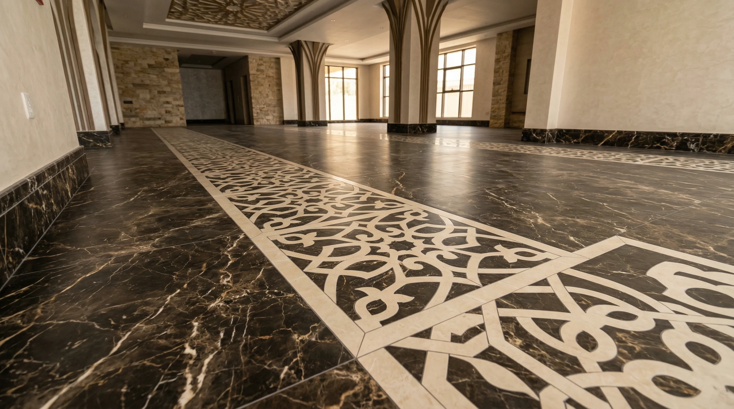 Dark Emperador marble effect SPC flooring with custom inlay pattern.
