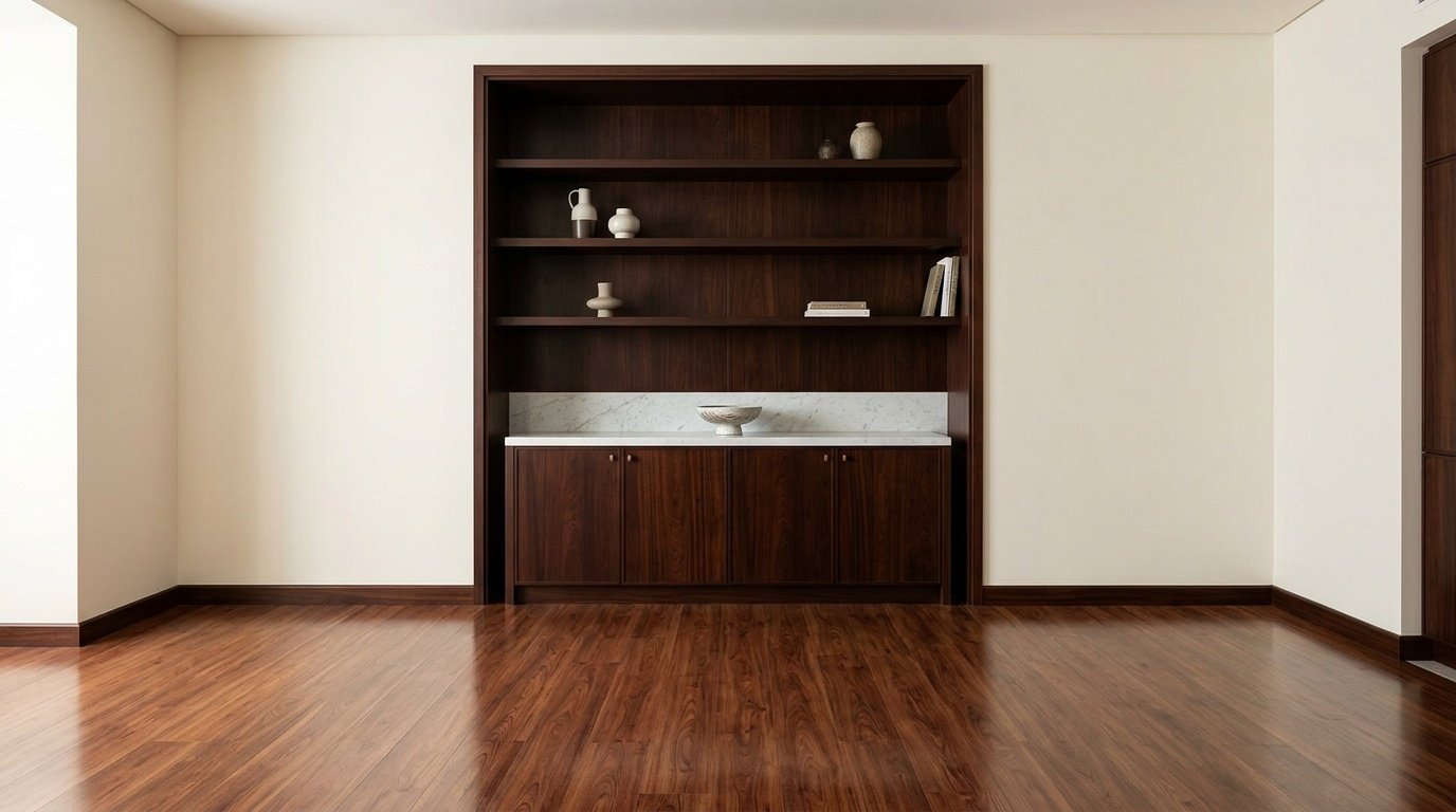 Cherry wood effect vinyl flooring with custom mahogany wall joinery.