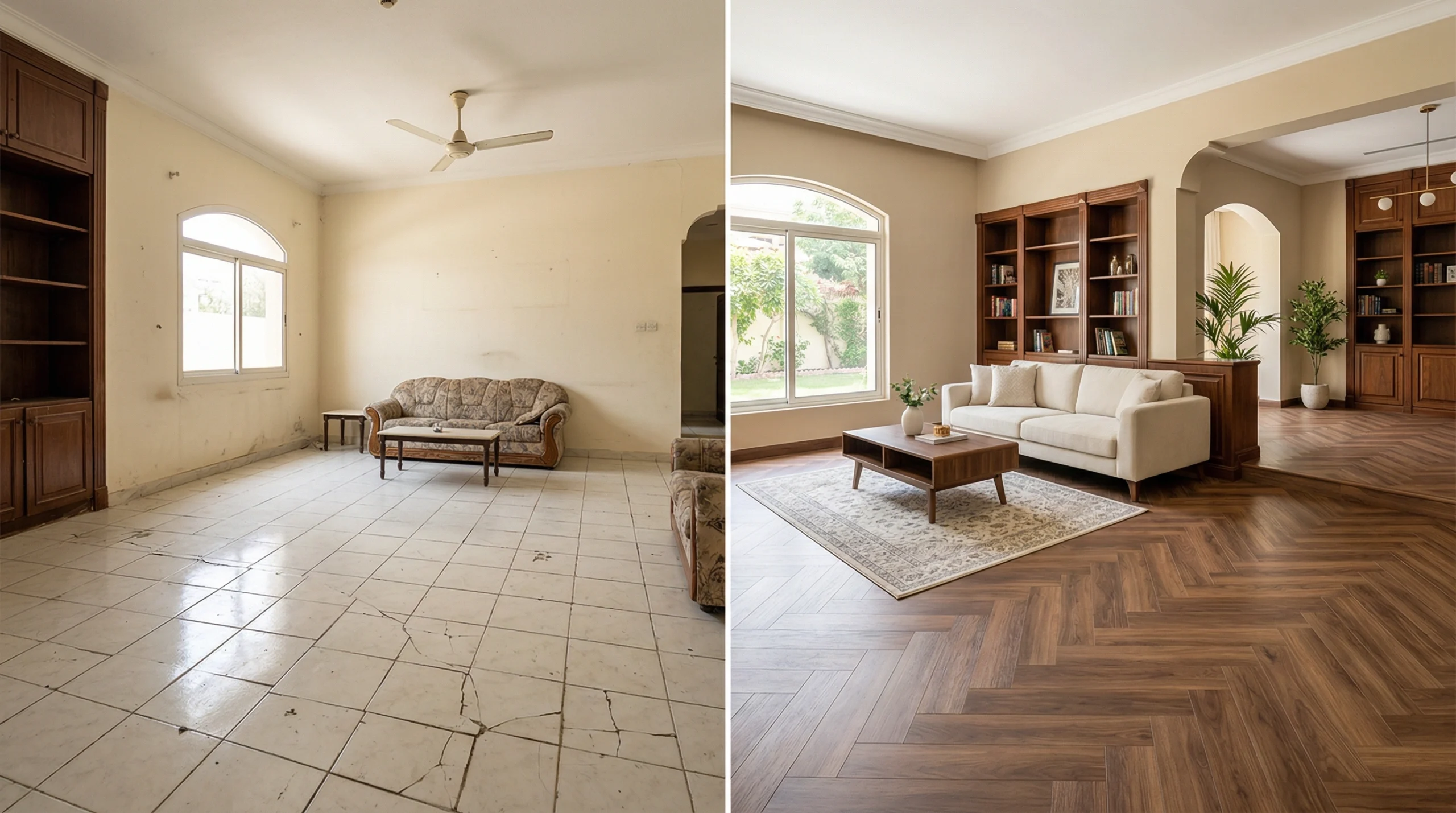 Before and after of herringbone walnut SPC flooring installation.