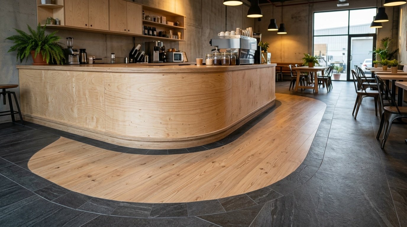 Custom dual-tone LVT flooring installation in an Al Quoz Dubai cafe.
