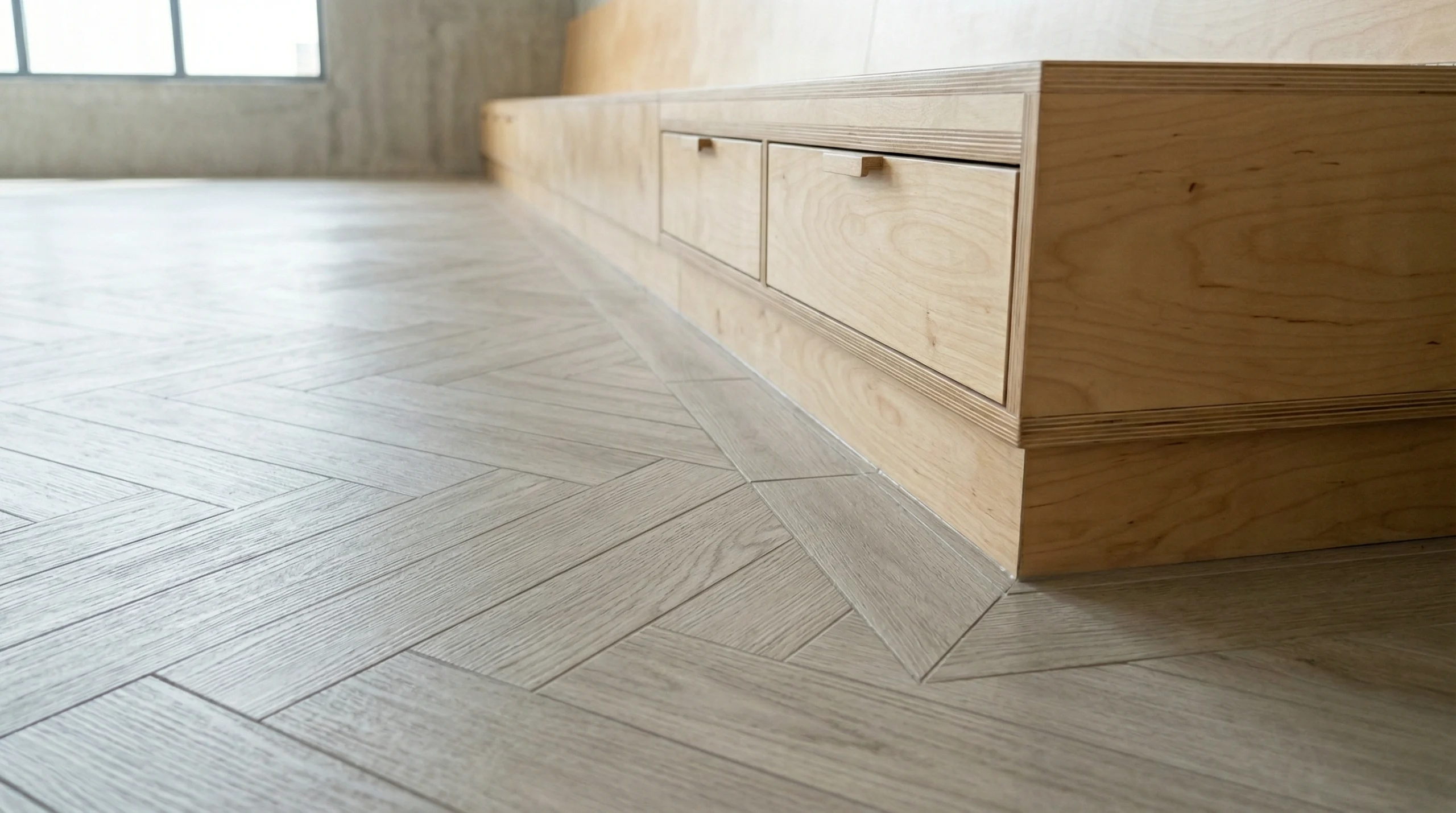 Herringbone ash SPC flooring next to a built-in plywood banquette.