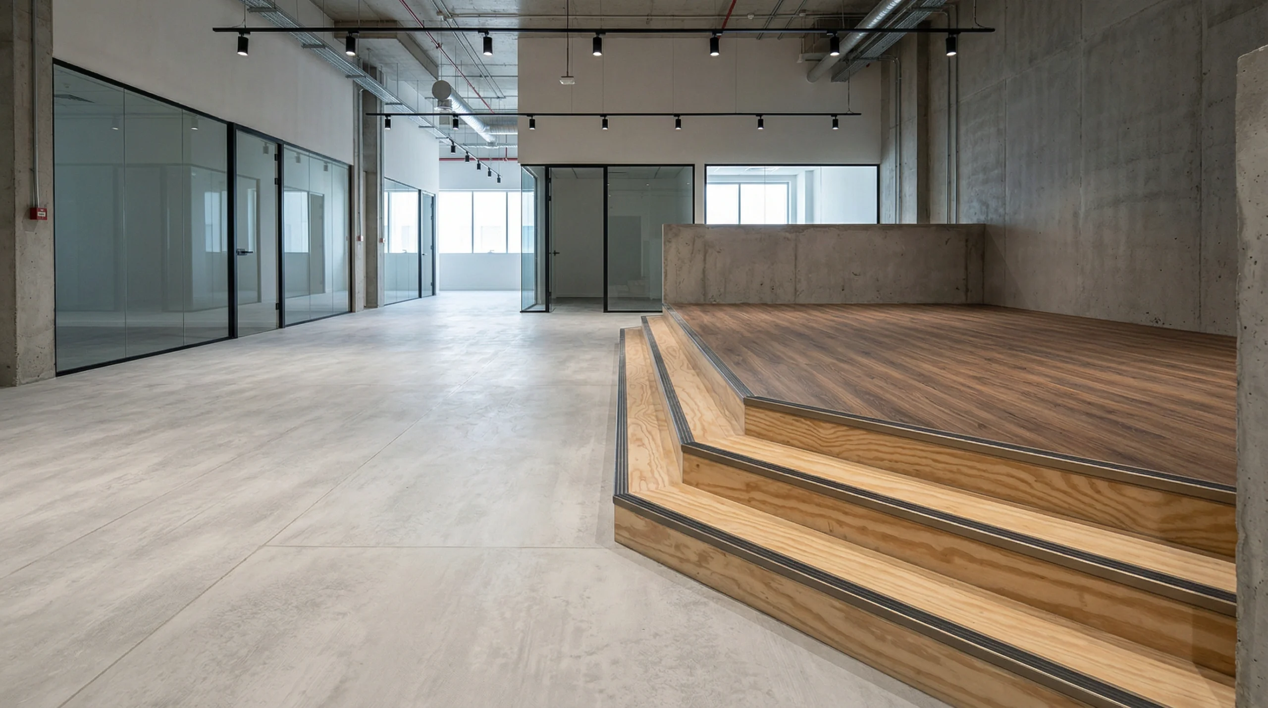 Concrete and wood effect SPC flooring on different levels.