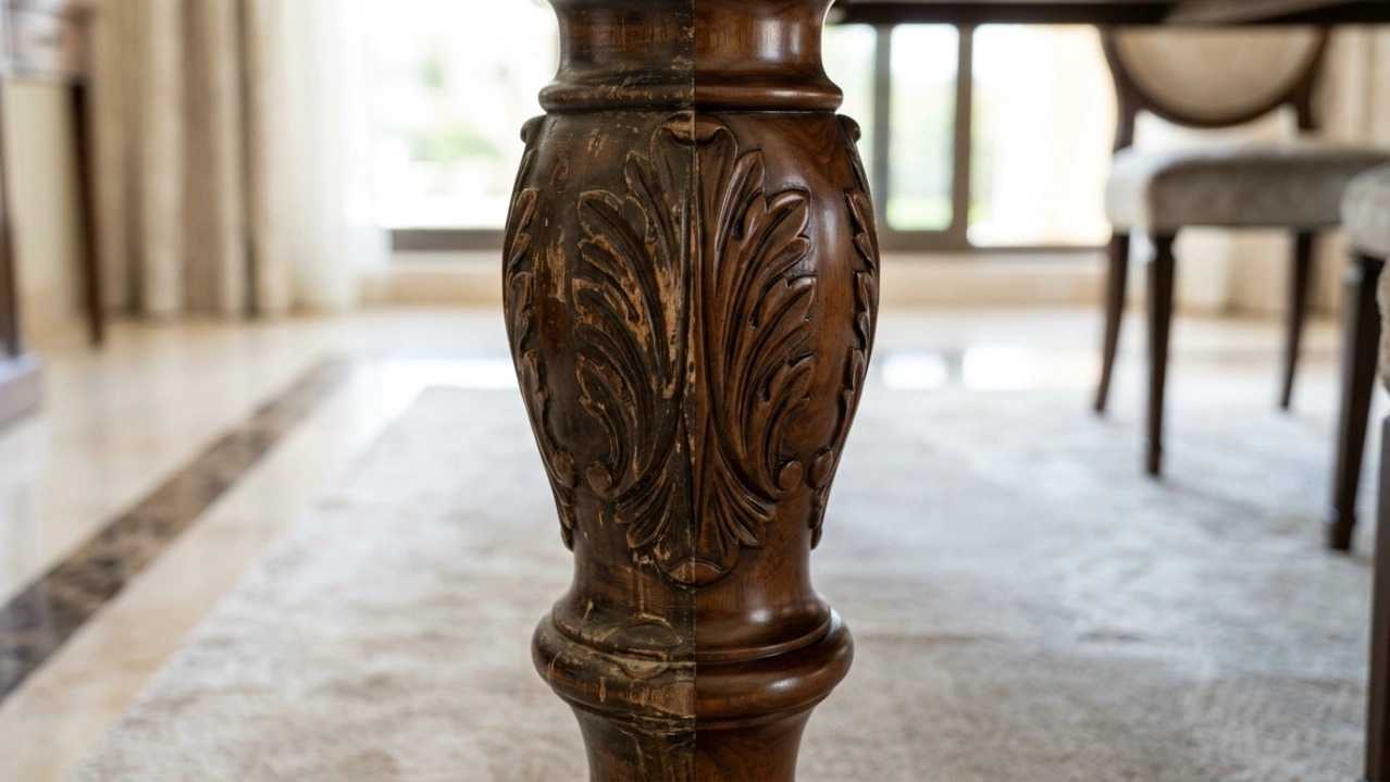 Detailed close-up of an antique carved dining table leg, showing a before-and-after of Karnak's restoration work in Jumeirah.
