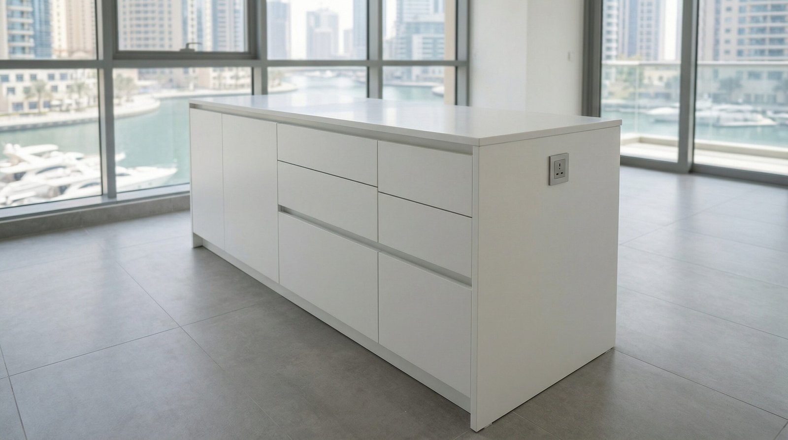 Compact matte white lacquer kitchen island with Corian countertop and integrated USB socket in Dubai Marina apartment renovation