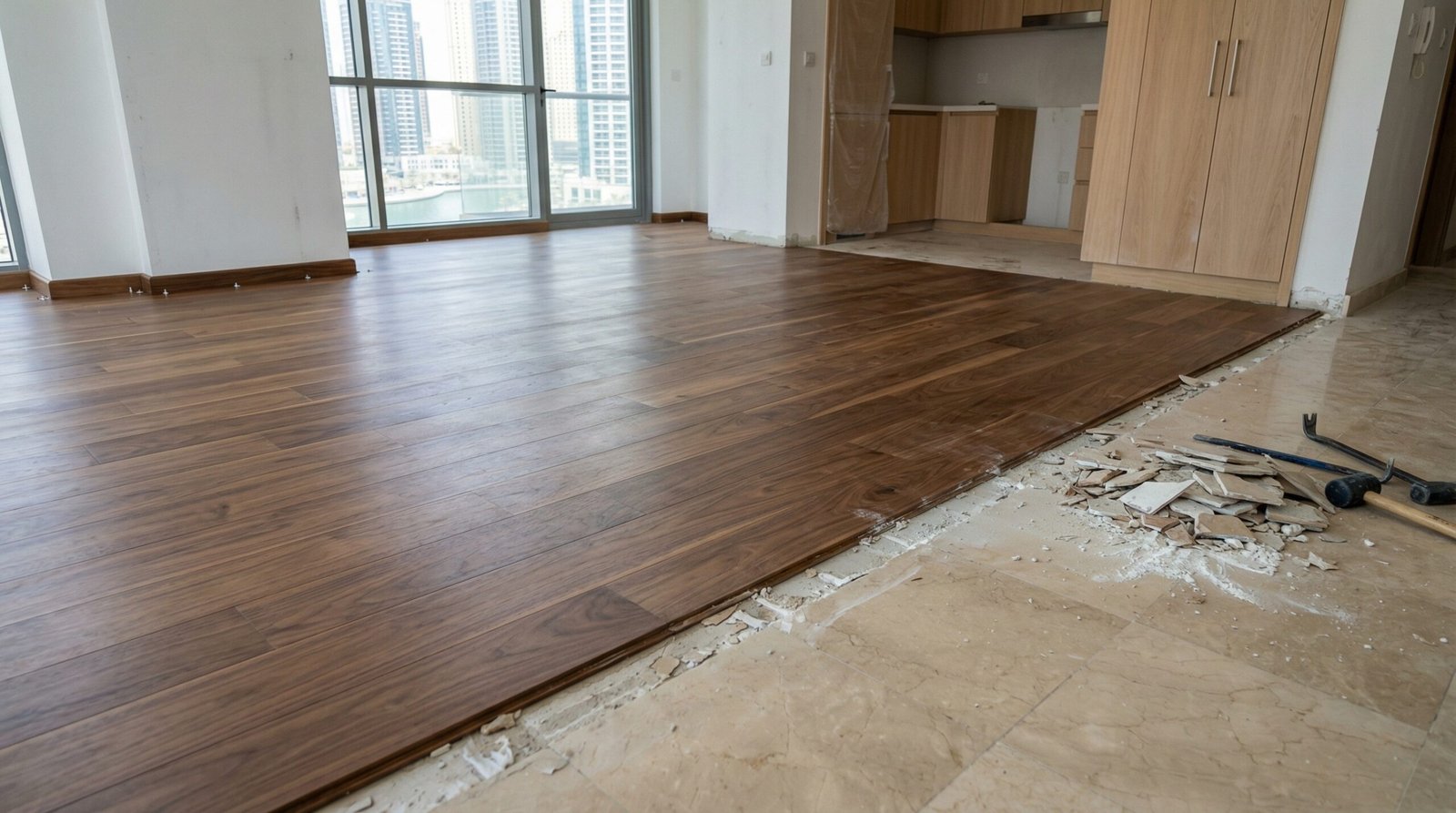 Renovation progress showing new walnut parquet replacing old tiles in a Dubai Marina apartment.