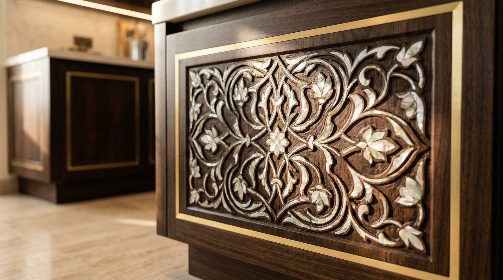 Hand-carved arabesque floral motif with mother-of-pearl inlay on kitchen island door panel installed in Jumeirah UAE villa