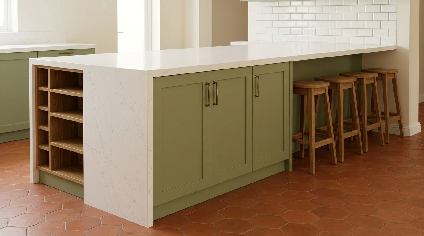 Sage green Shaker-style kitchen island with white quartz waterfall countertop and brass handles in an Arabian Ranches family villa by Karnak Carpentry