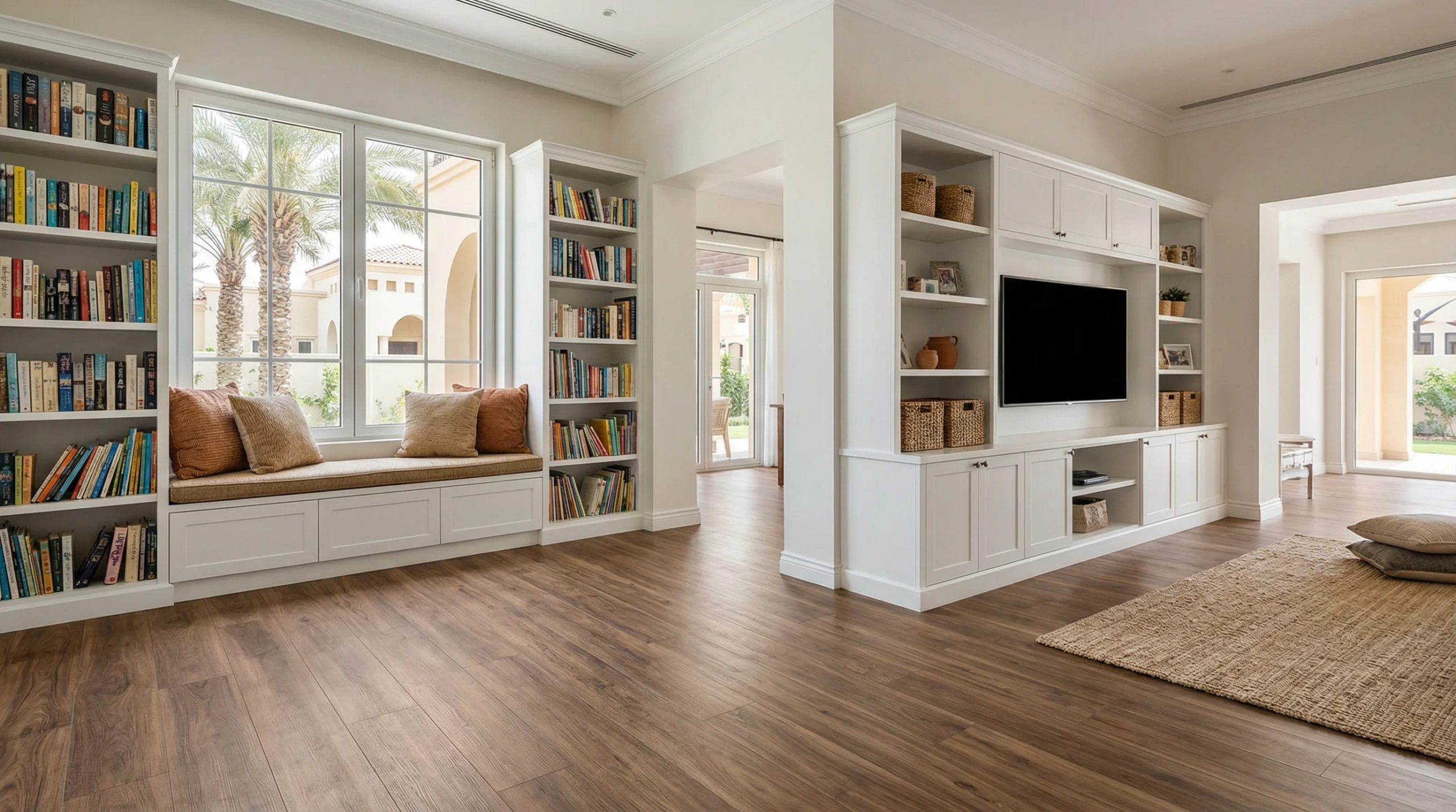 Warm walnut wood-grain SPC flooring in a family villa living room in Arabian Ranches by Karnak Carpentry.