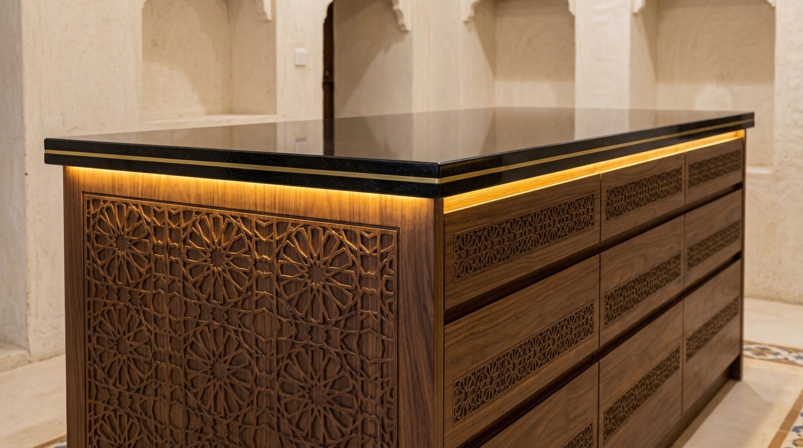 Kitchen island with CNC-routed Arabic geometric mashrabiya star pattern in dark walnut and brass inlay in UAE heritage villa