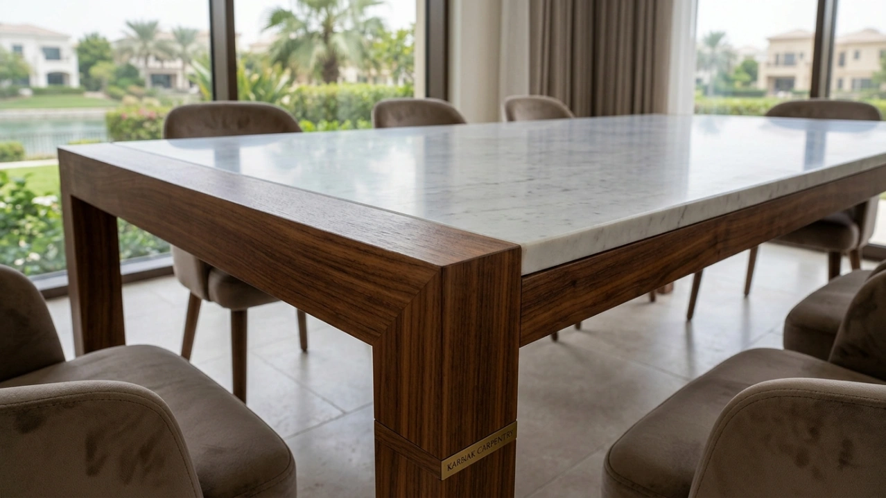Bespoke dining table with a Carrara marble top and walnut frame, Karnak Carpentry project in Jumeirah Islands.
