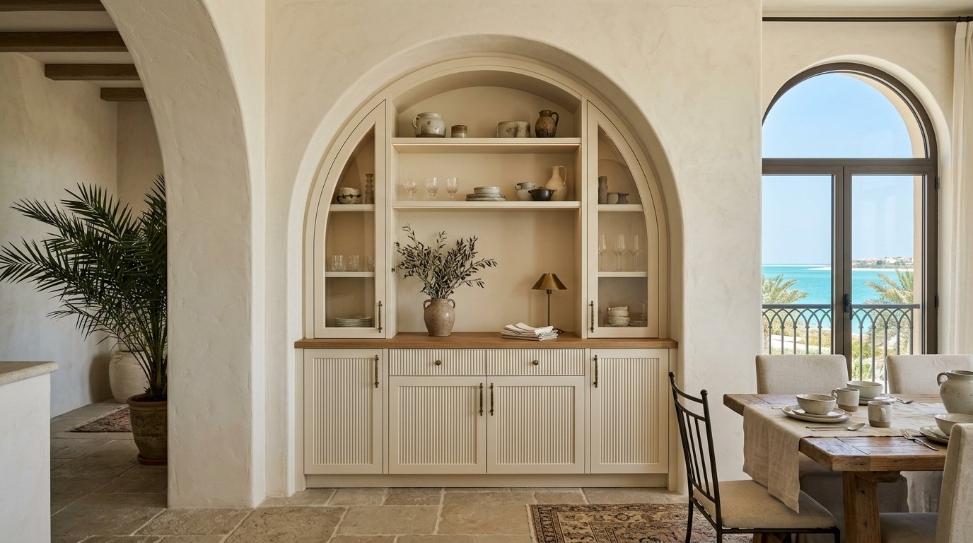 Custom arched dining cabinetry, Saadiyat Island villa project.