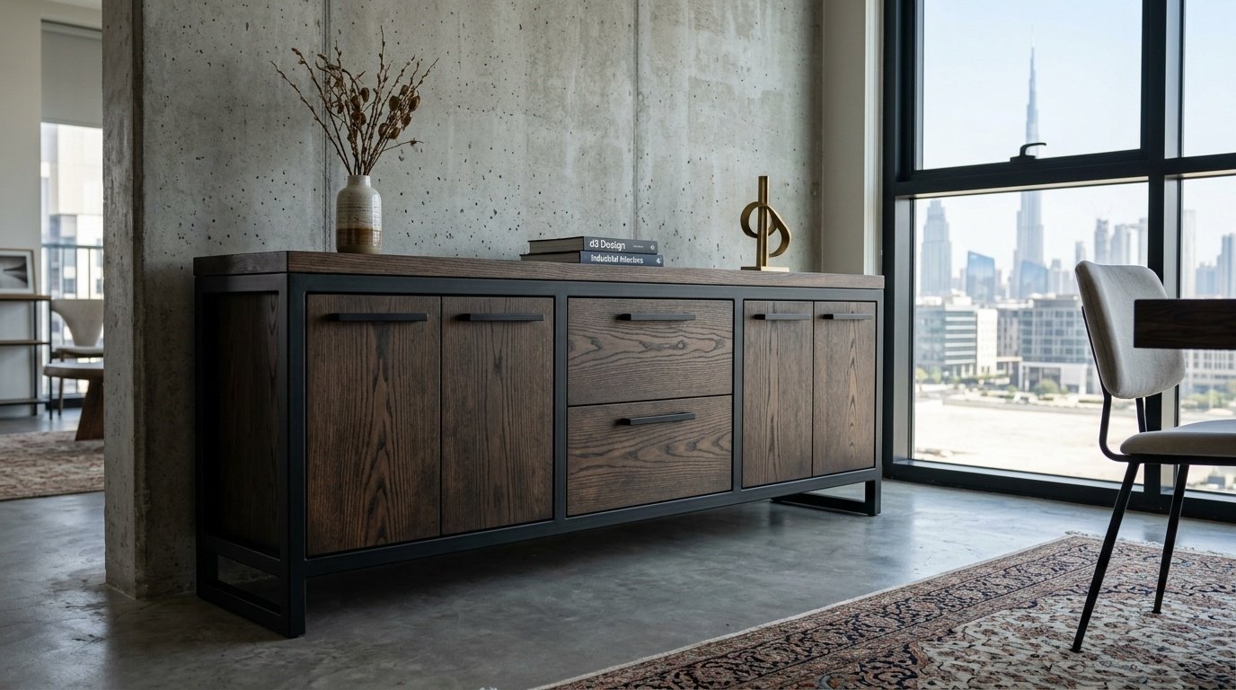 Industrial ash wood and steel dining sideboard, Dubai Design District loft.