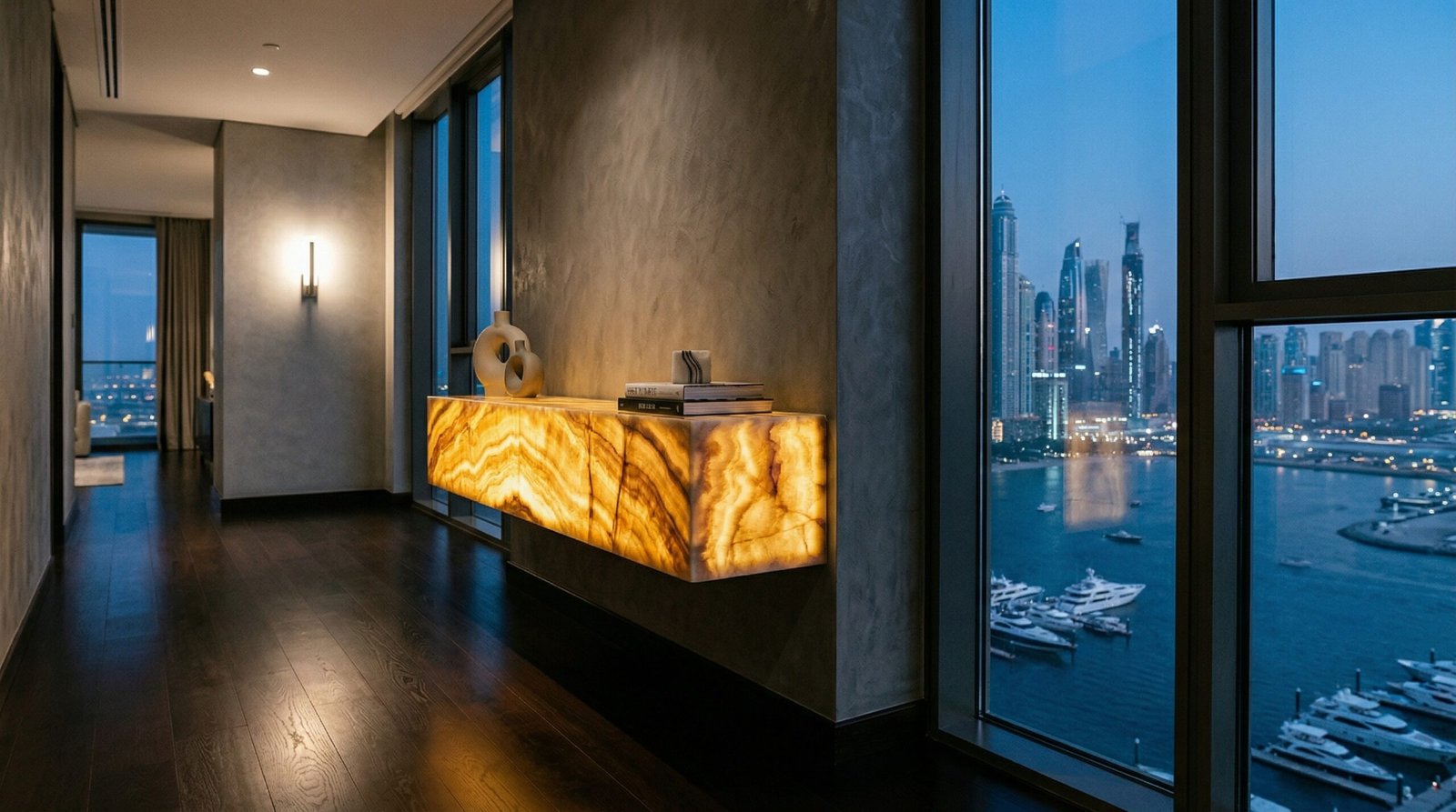 Backlit onyx floating console table in a luxury Dubai Marina penthouse.