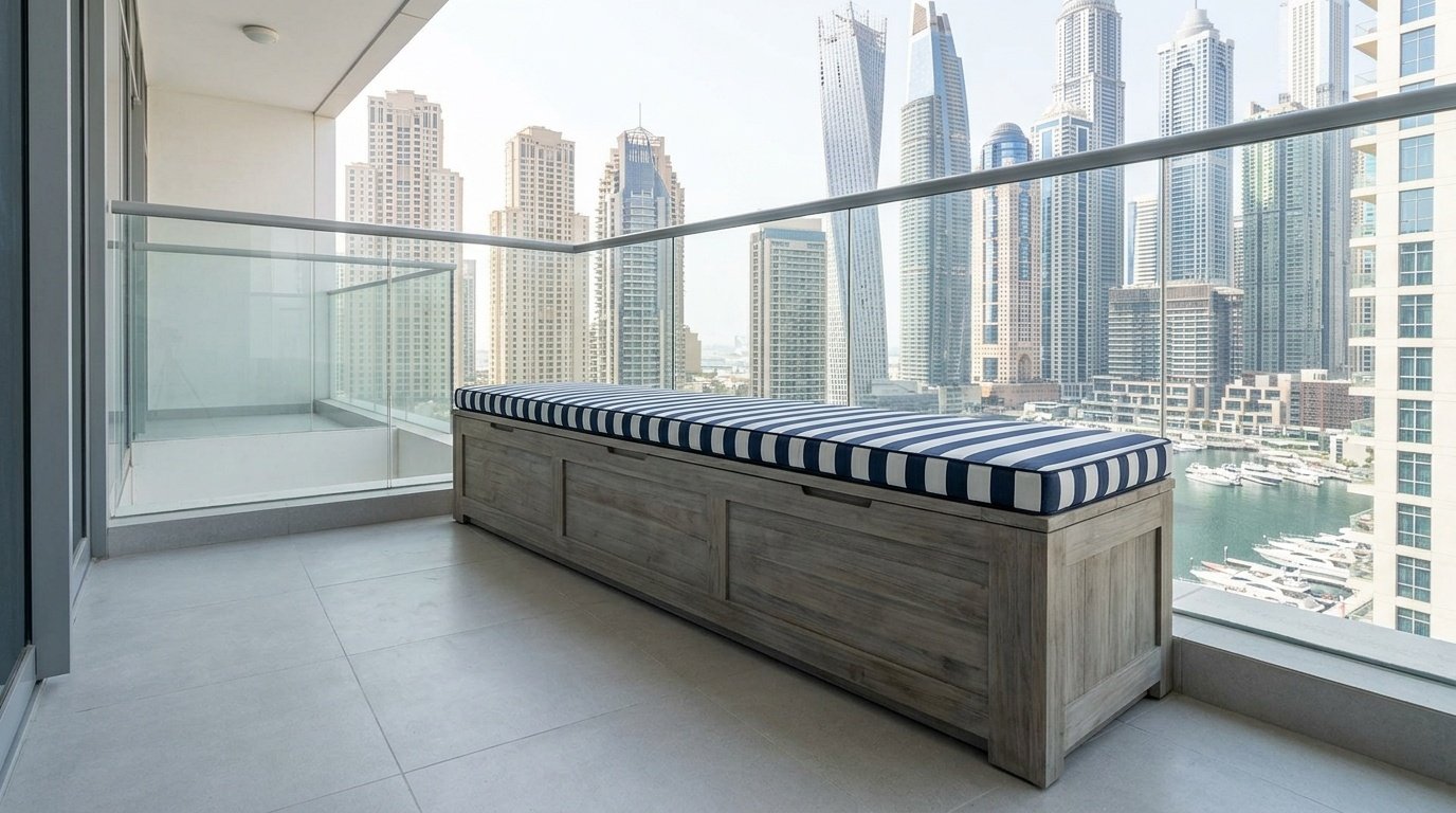 Custom built-in balcony storage bench in grey teak with navy cushion in Dubai Marina apartment outdoor space