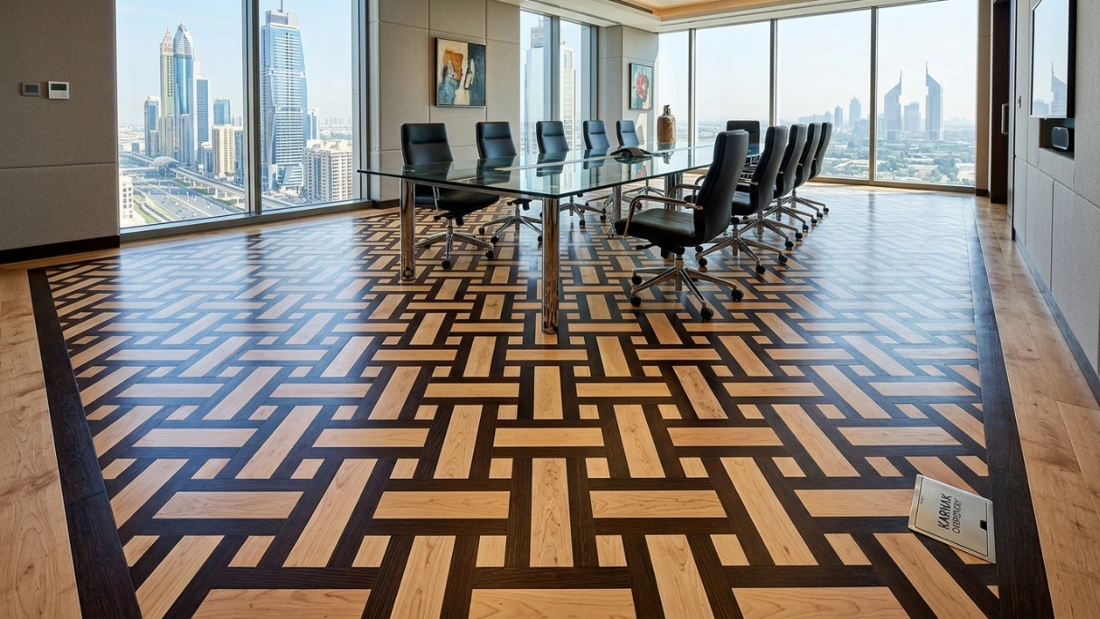 Intricate contrasting maple and wenge wood basket weave pattern parquet flooring installed in a Sheikh Zayed Road boardroom by Karnak Carpentry.