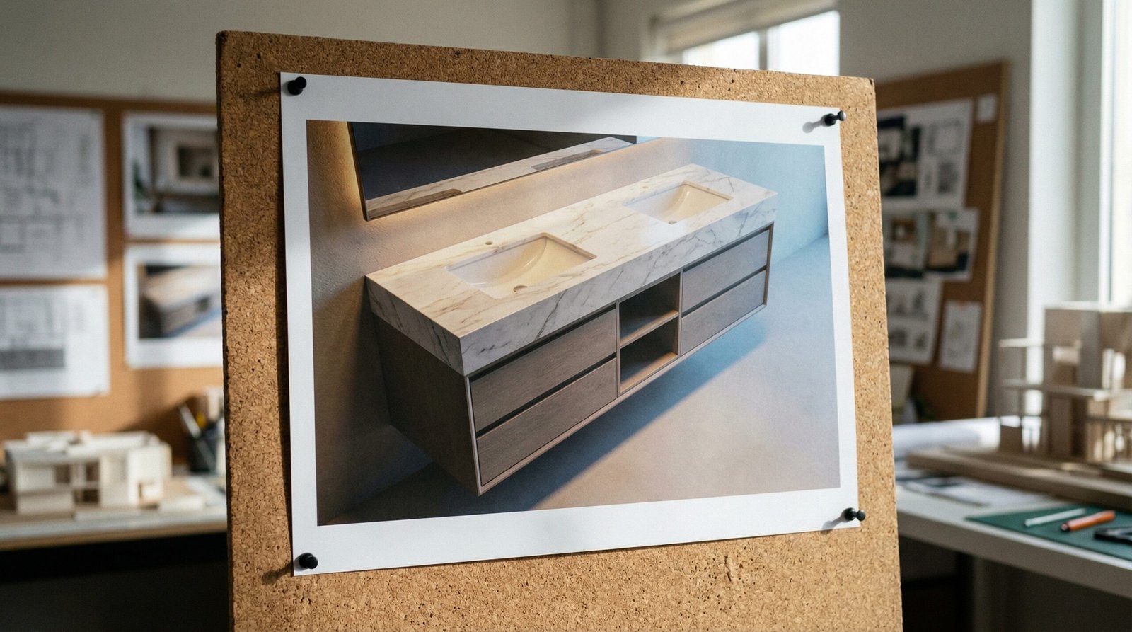 Full-colour 3D perspective render of floating double bathroom vanity concept printed on presentation board in UAE design studio
