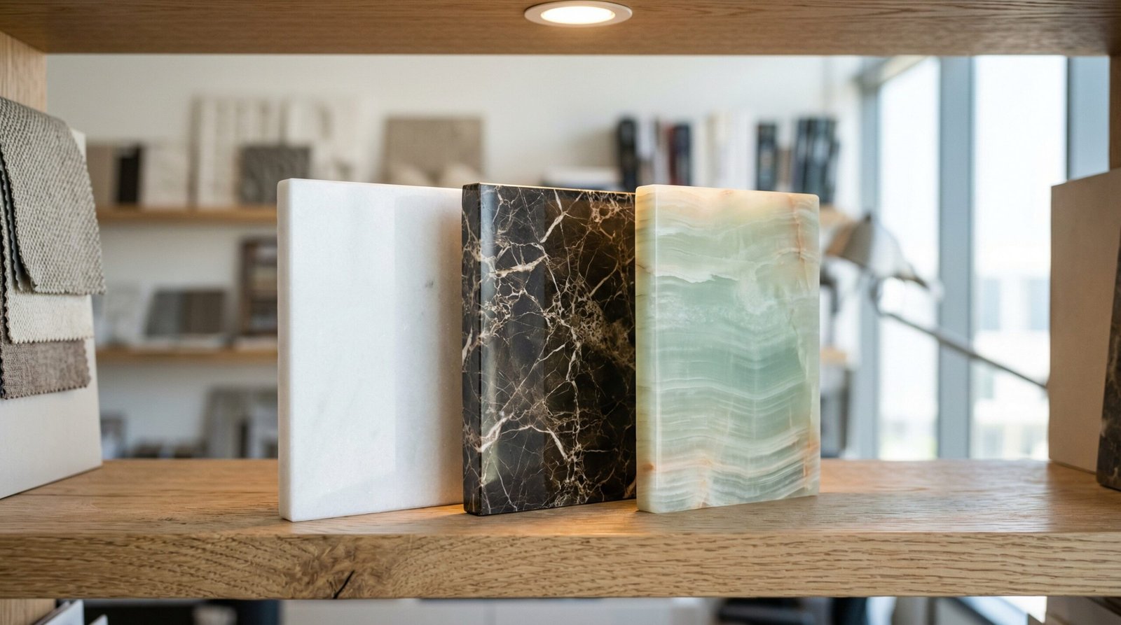 Three bathroom vanity countertop stone specimens including white Thassos marble, dark Emperador, and green Onyx in UAE design studio
