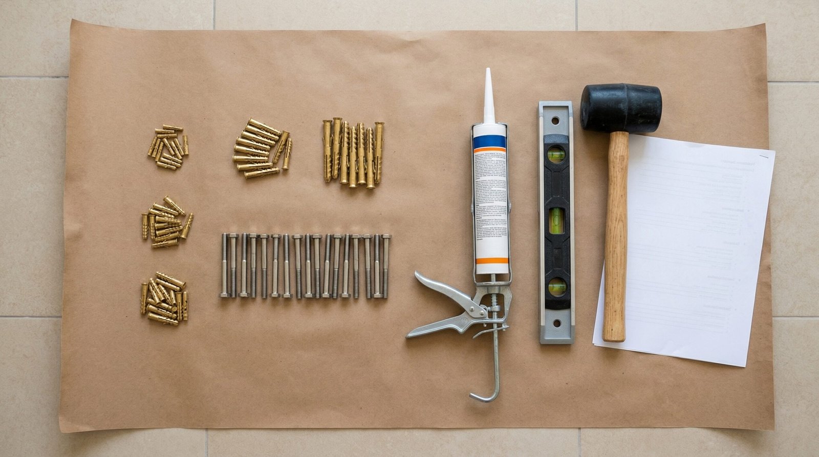 Bathroom vanity installation kit with wall plugs, stainless fixings, sealant, and tools laid out on UAE site floor
