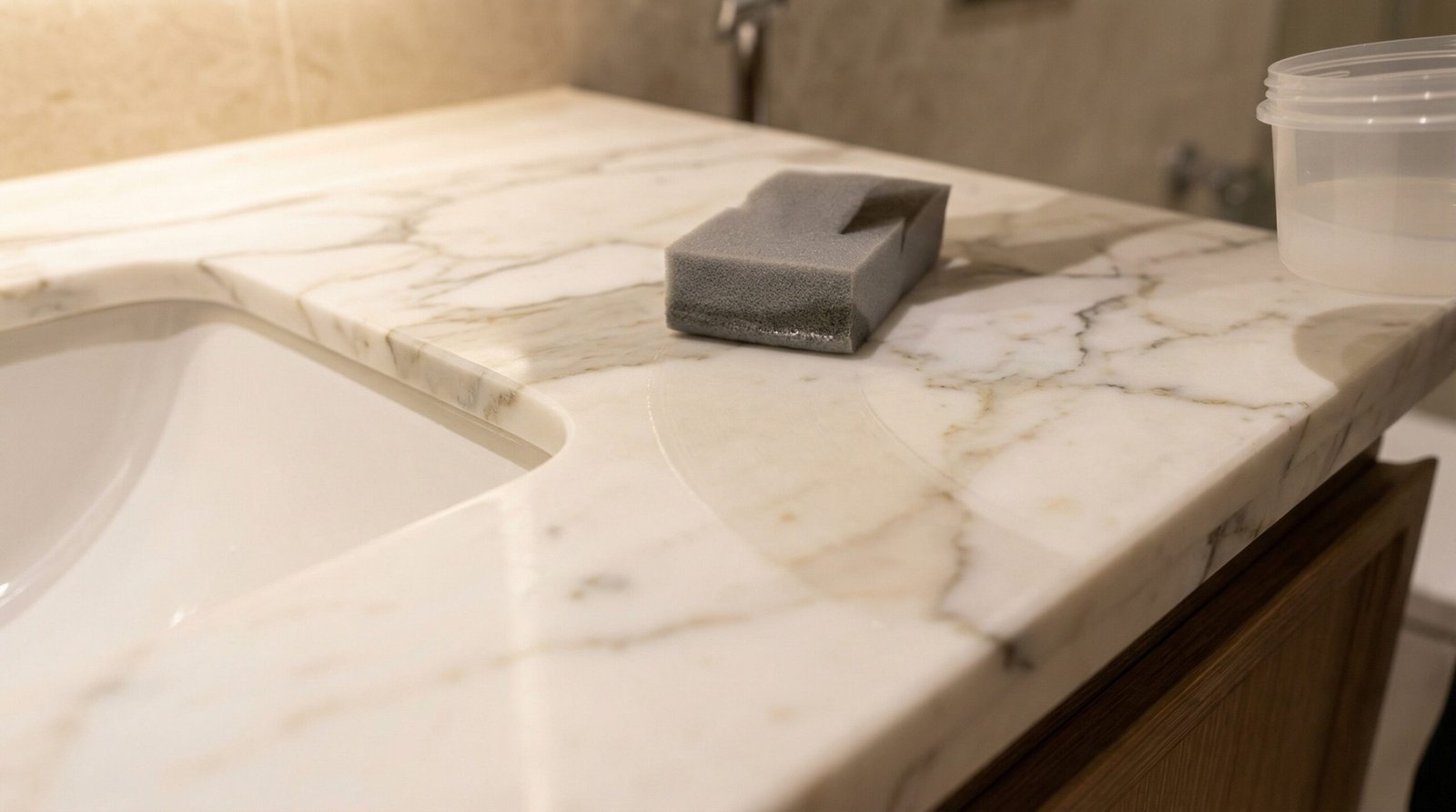 Stone impregnator sealant being applied to Calacatta marble bathroom vanity countertop with foam applicator in UAE villa bathroom