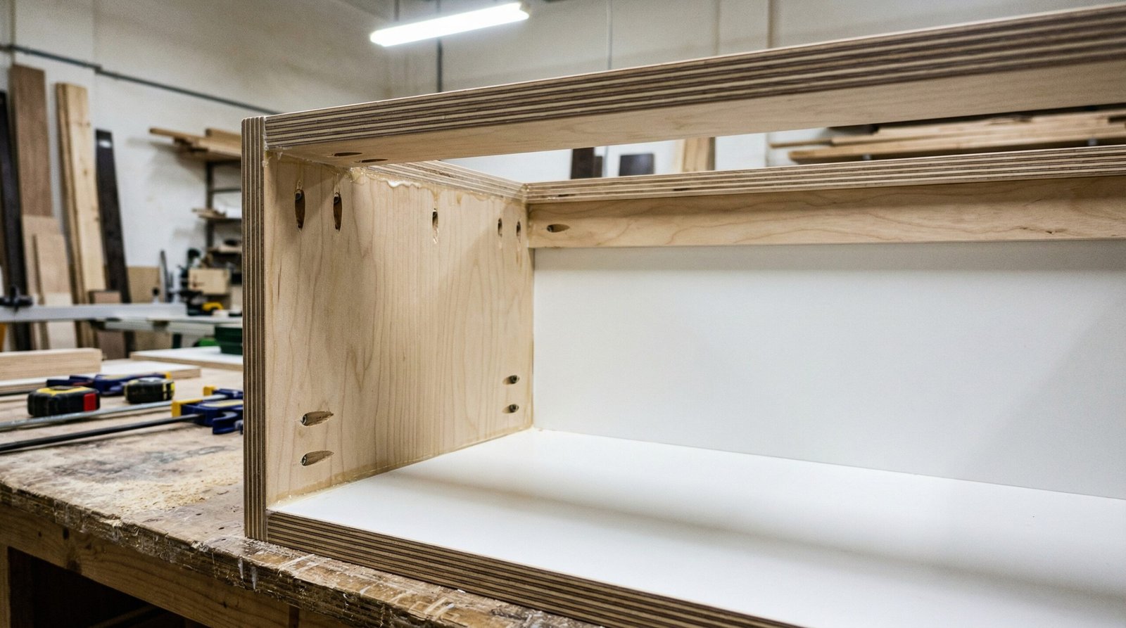 Marine-grade birch plywood bathroom vanity carcass with waterproof joints and white vinyl interior in UAE carpentry workshop