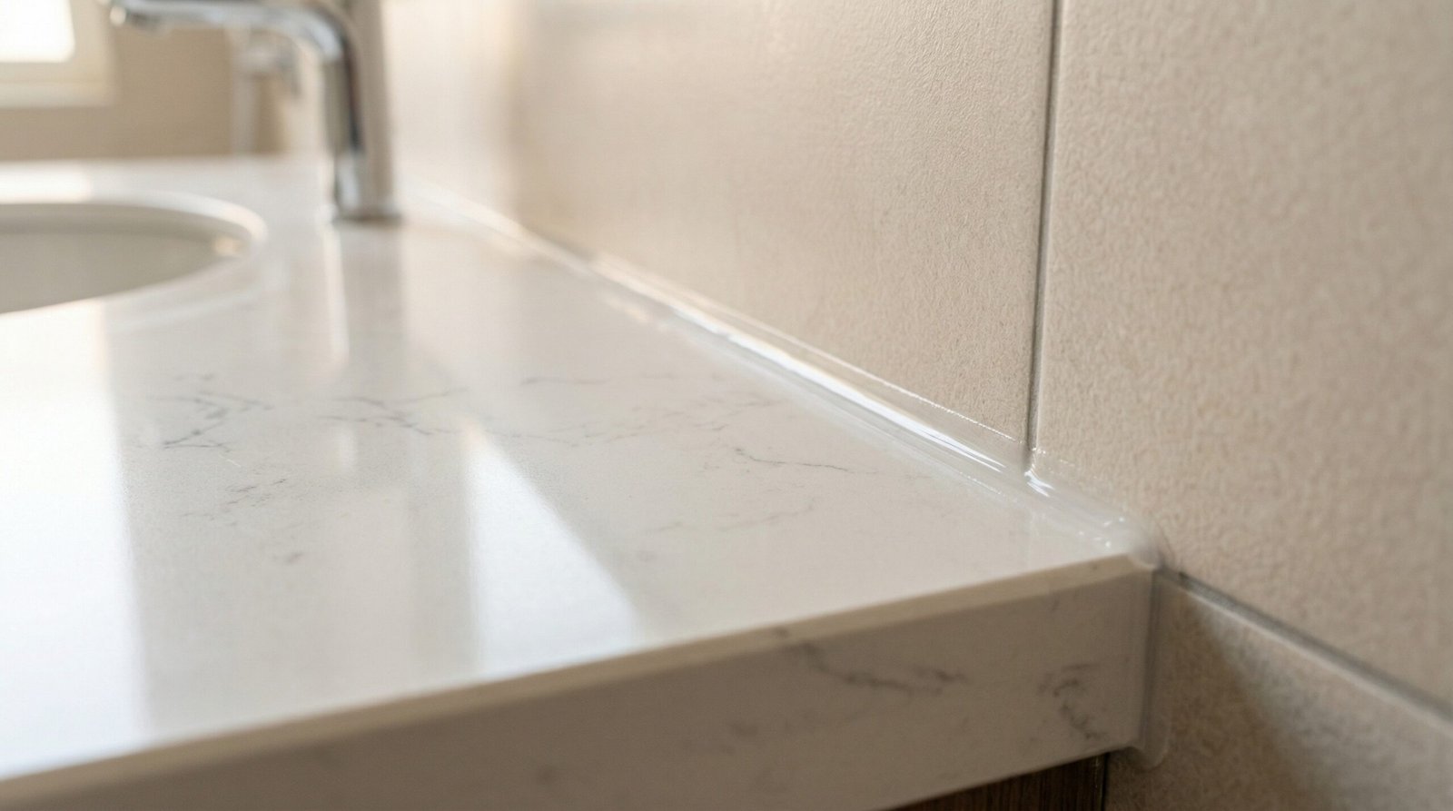 Perfectly tooled silicone sealant bead at bathroom vanity countertop and wall tile junction in UAE residential bathroom