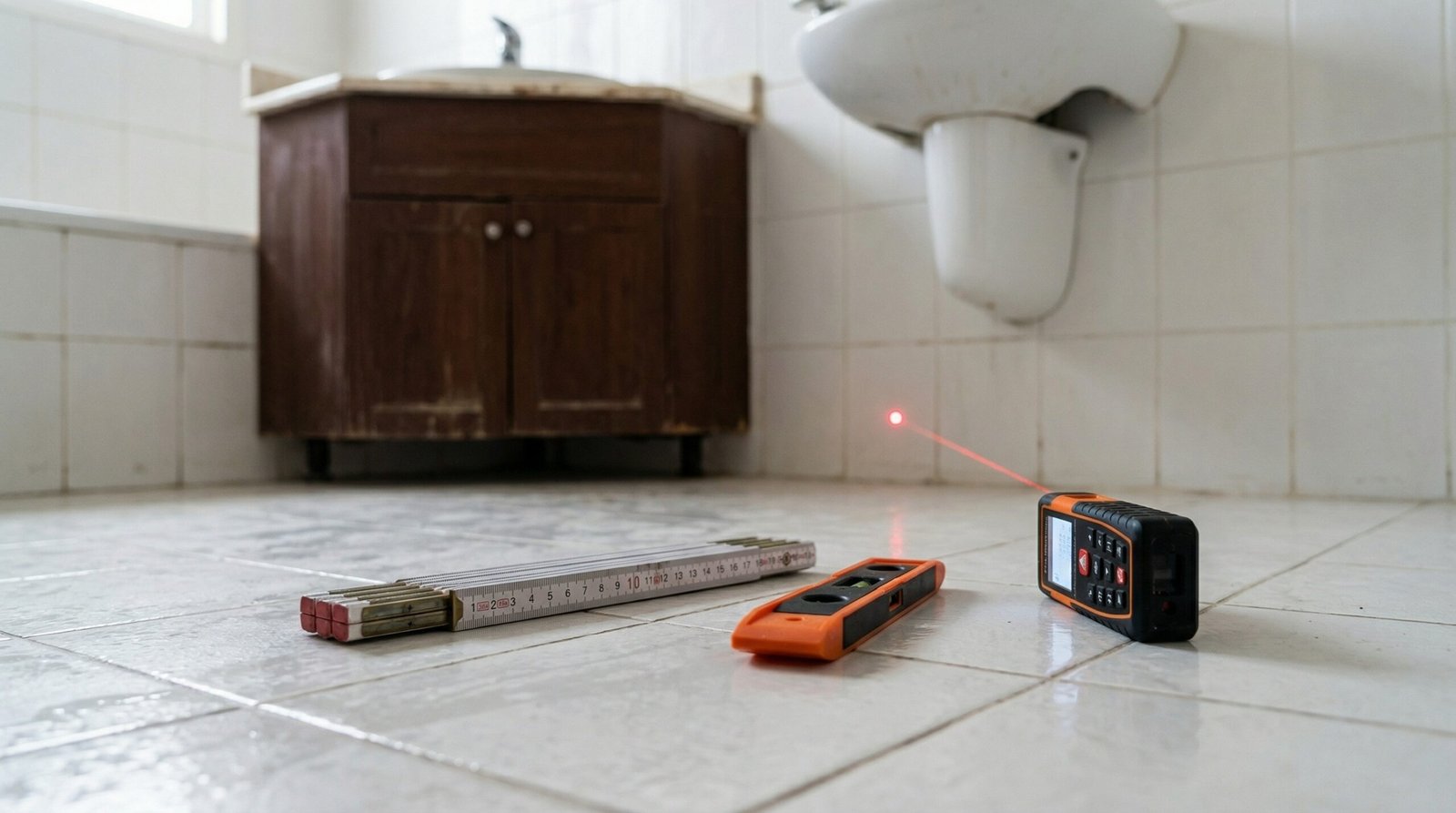 Laser distance measurer and site survey tools on UAE bathroom floor during bathroom vanity initial consultation assessment