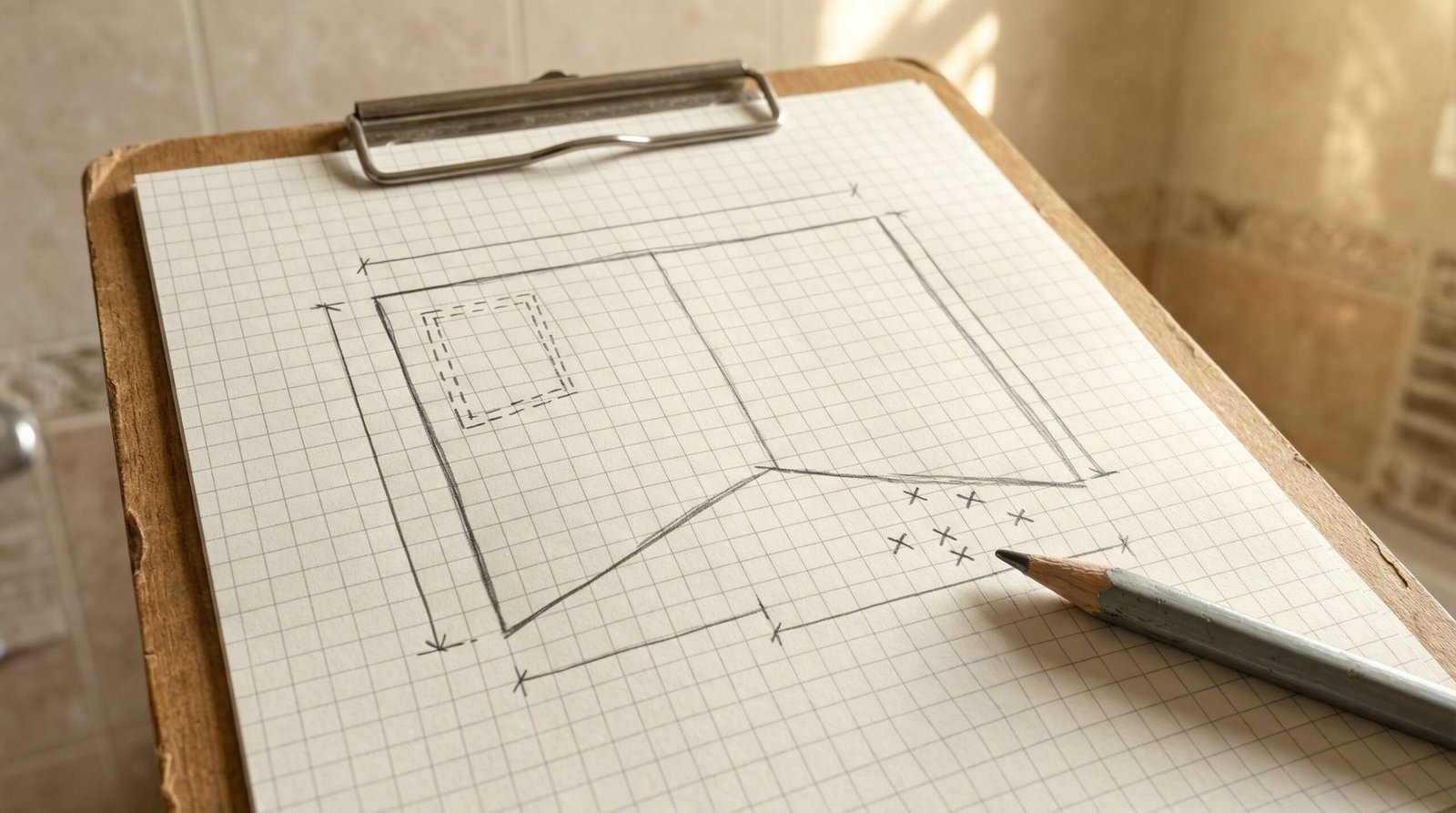 Site survey sketch on graph paper clipboard showing bathroom wall layout and plumbing positions during UAE vanity assessment