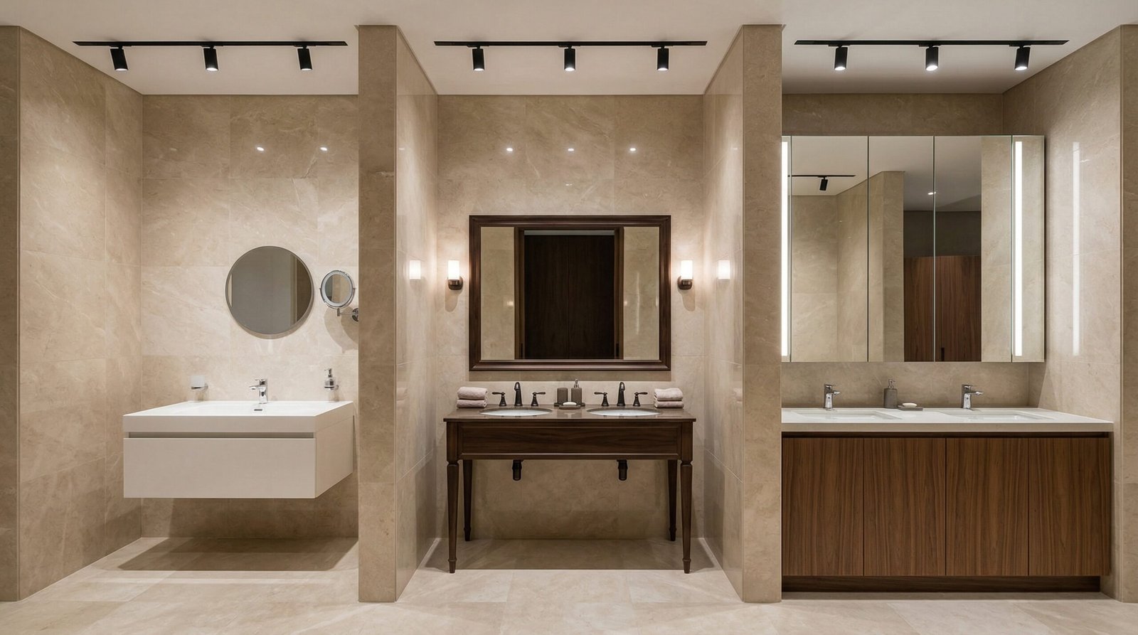 Three bathroom vanity configurations showing floating, freestanding, and built-in styles in UAE hotel showroom setting