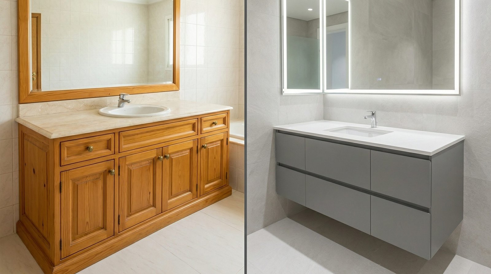 Side-by-side comparison of 1990s honey pine framed bathroom vanity versus contemporary grey lacquer handleless design in UAE bathroom