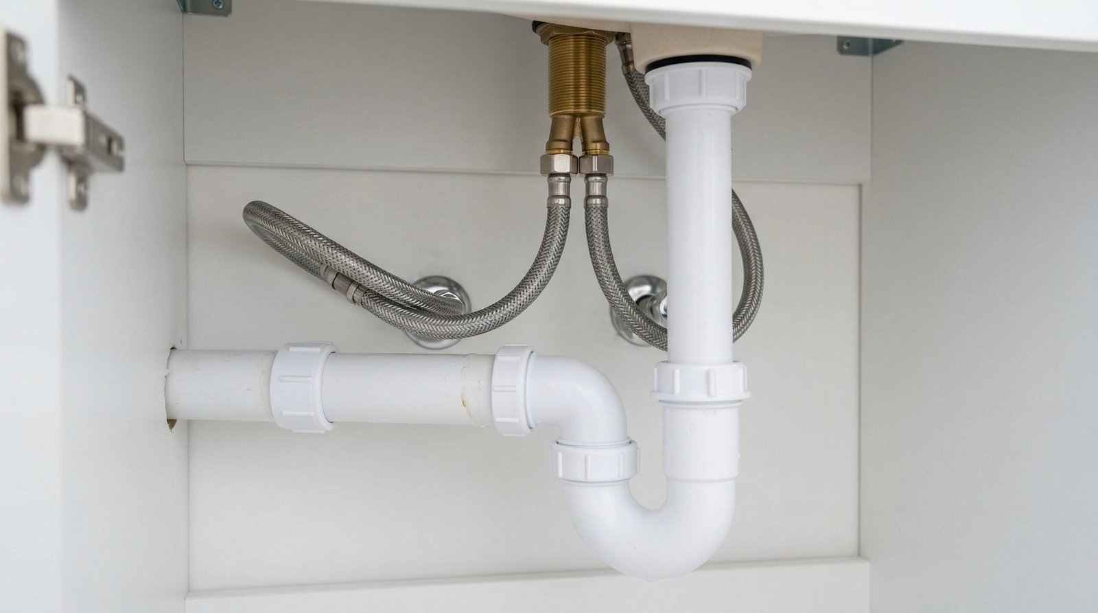 Completed under-sink plumbing connections with chrome flexi-hoses and waste trap inside bathroom vanity in UAE villa