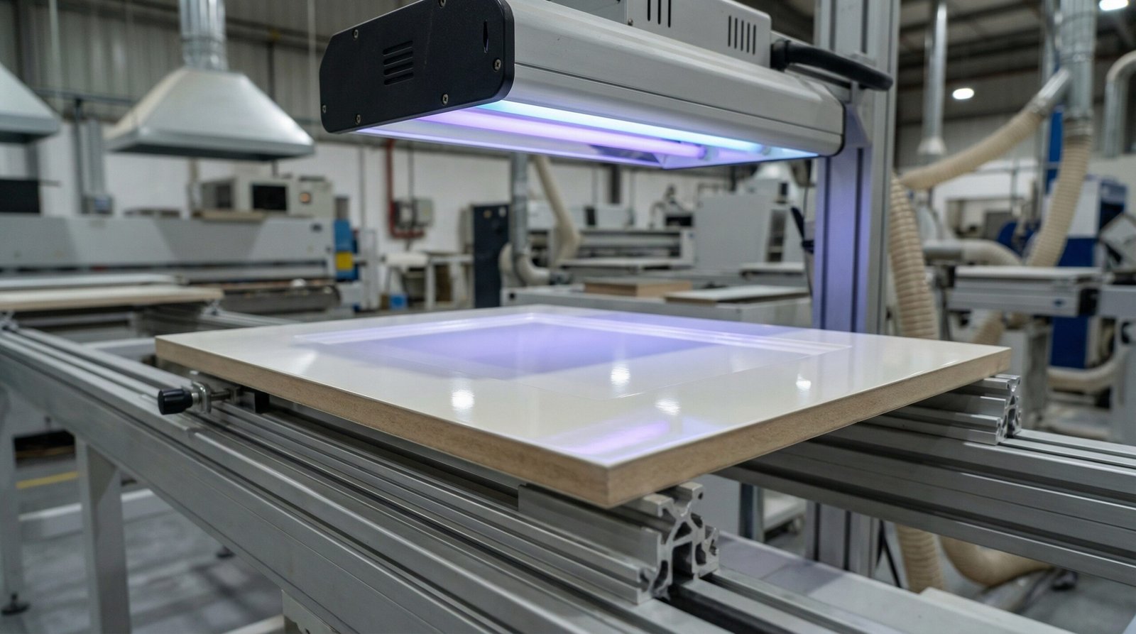 Bathroom vanity door panel receiving UV-cured lacquer protective coating under UV lamp in UAE carpentry workshop
