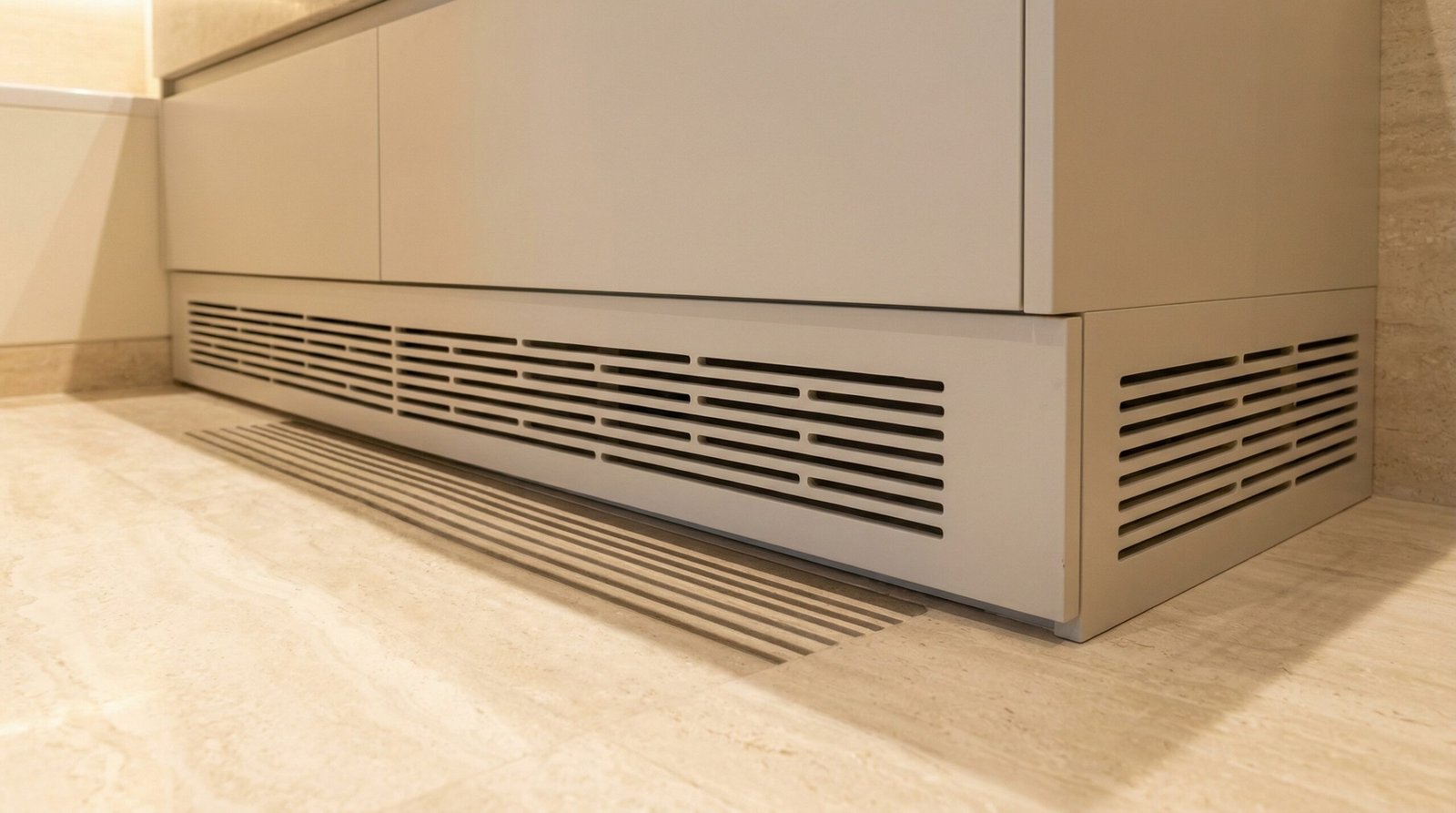 Bathroom vanity with precision-routed ventilation slot perforations in plinth panel for air circulation in UAE bathroom