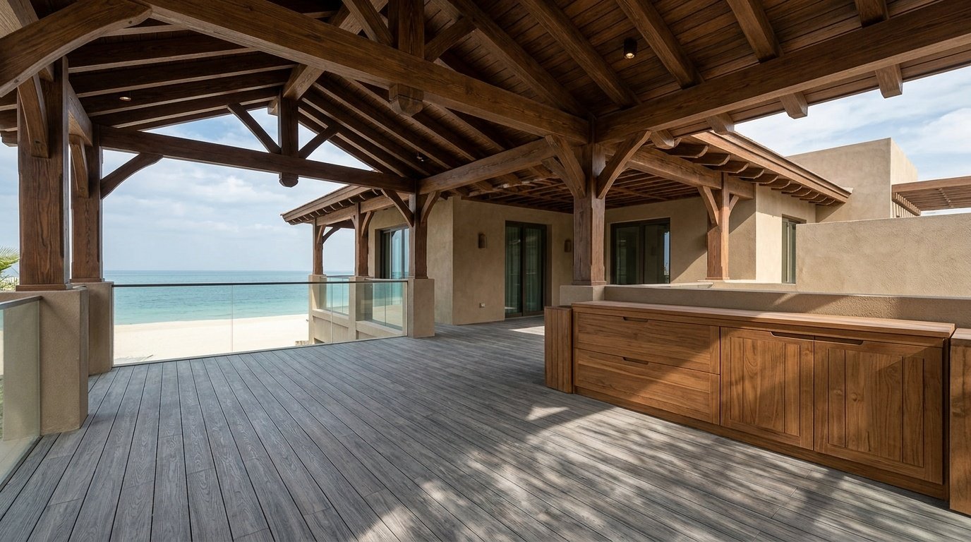 Grey wood-grain vinyl deck tiles on a covered Jumeirah villa terrace near outdoor teak joinery.