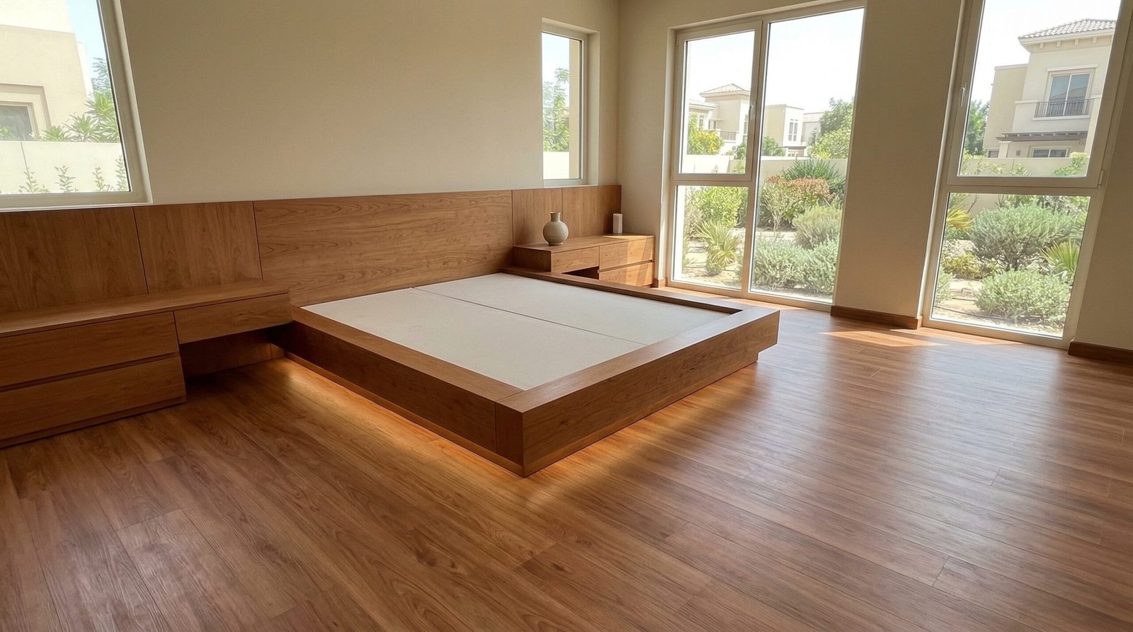 Warm cherry-wood LVT flooring in an Arabian Ranches bedroom by Karnak Carpentry.