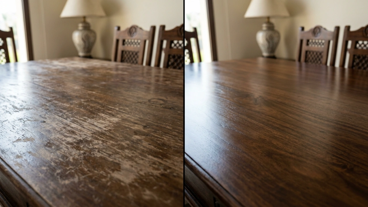 Before and after diptych of a worn wooden dining table restored and refinished by Karnak Carpentry in Dubai.