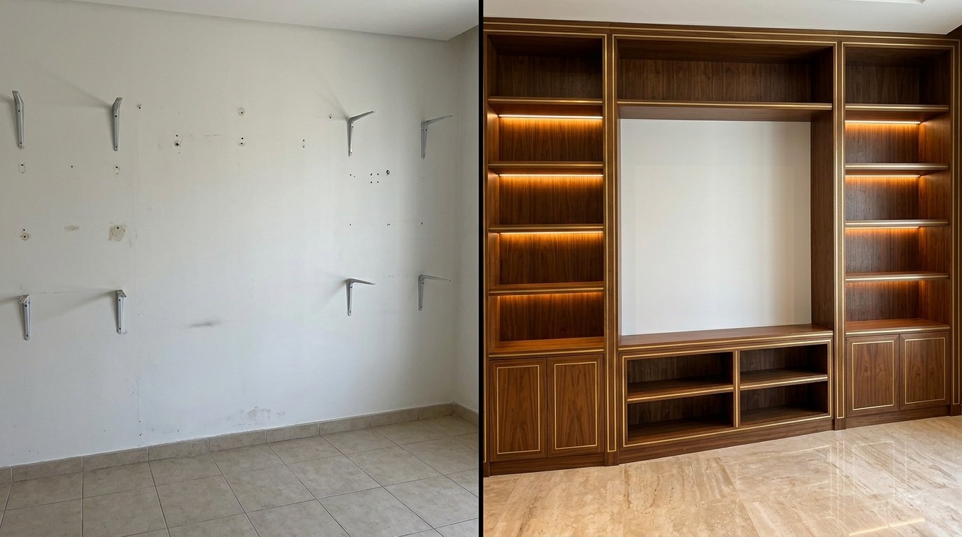 Before and after transformation showing plain wall upgraded to custom walnut fitted bookcase with brass inlay in a UAE villa by Karnak Carpentry