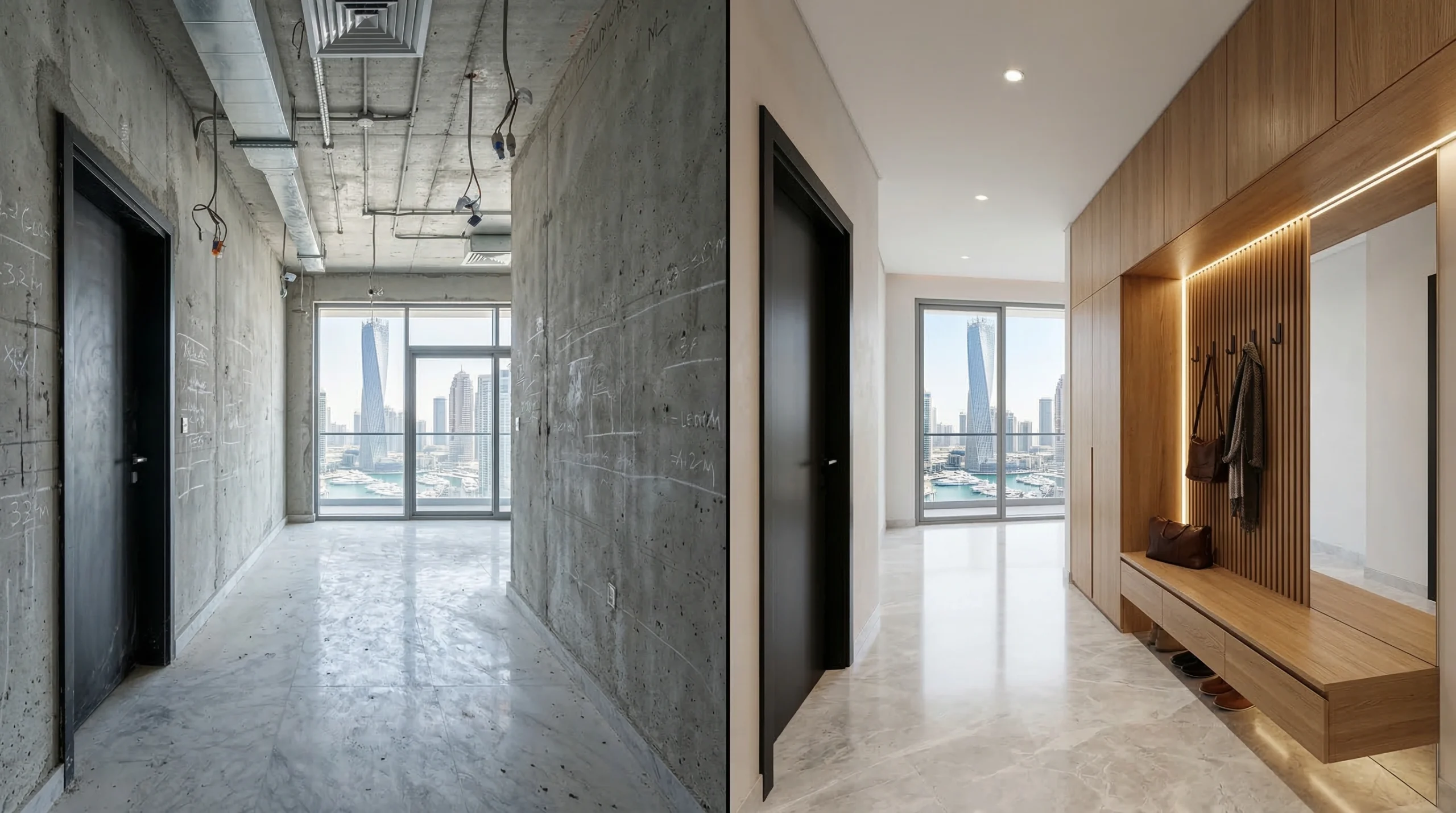 Before and after fitted oak entryway unit with shoe storage and mirror panel in Dubai Marina apartment hallway