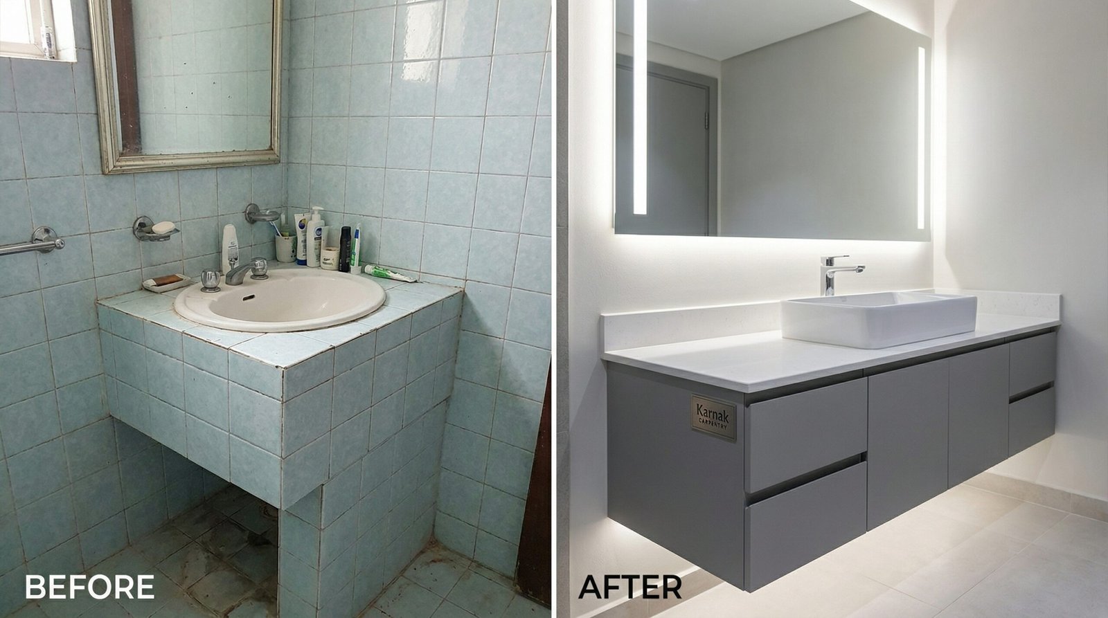 Before and after comparison of a custom vanity installation, transforming an old Satwa bathroom with modern carpentry.