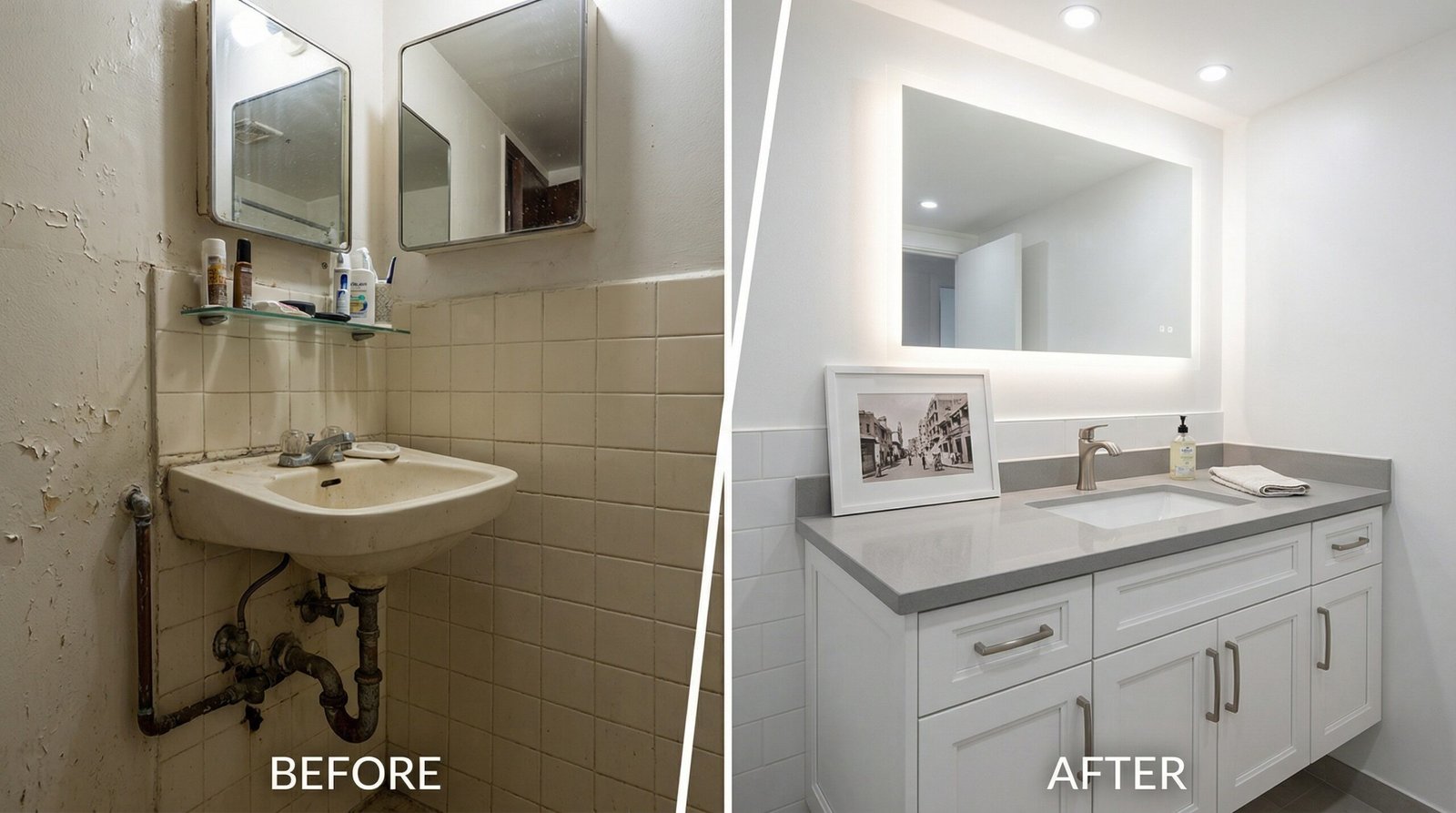 Before and after comparison of a custom vanity installation, transforming an old Deira bathroom with fresh woodwork.