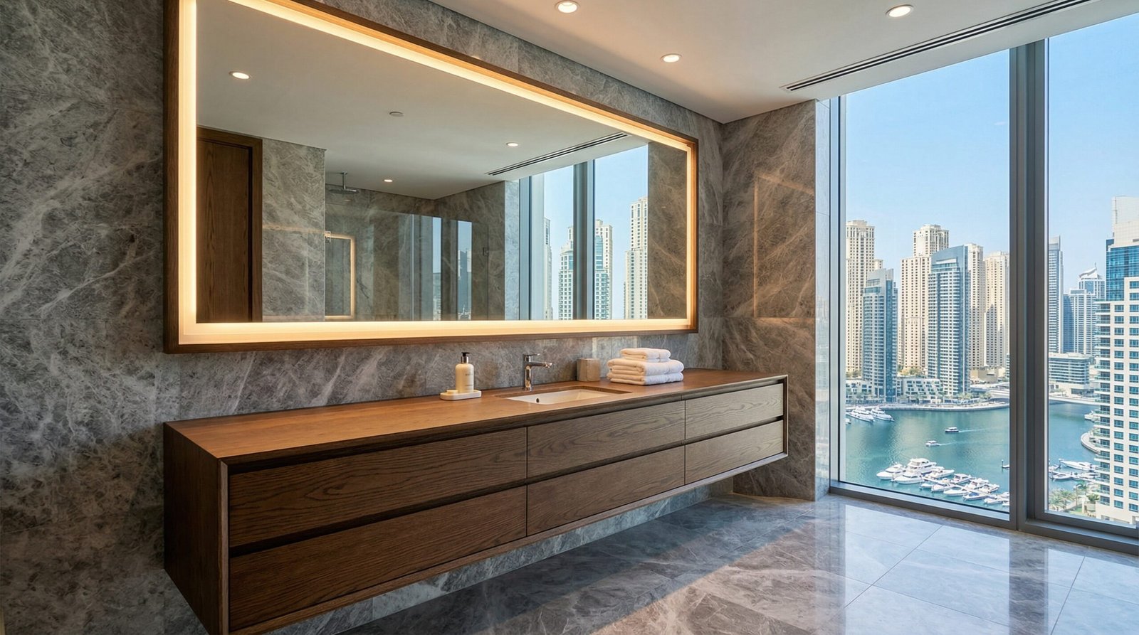 Bespoke floating bathroom vanity with integrated LED lighting, natural wood finish, installed in a Dubai Marina luxury apartment.